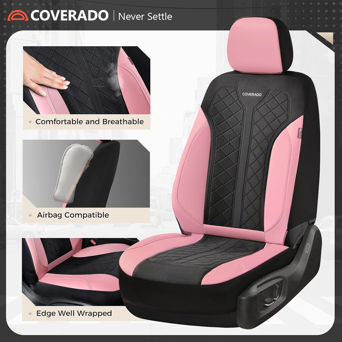 coverado automotive seat covers full set, luxury car, close-up detail