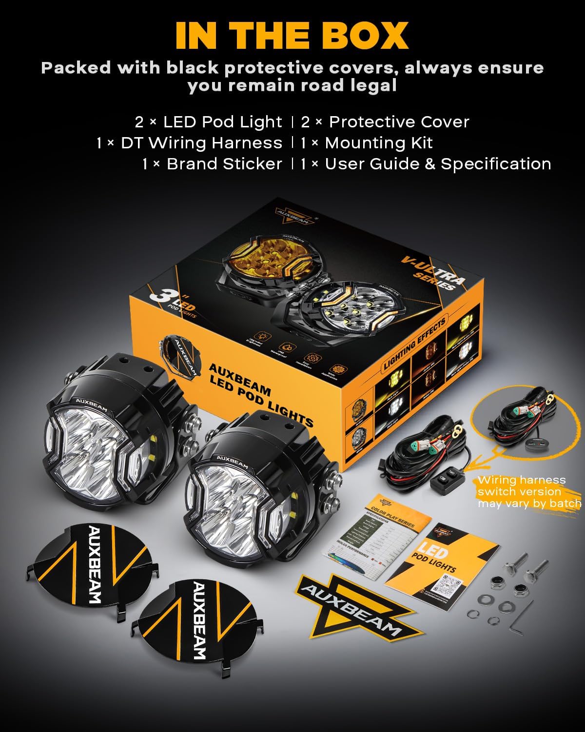 auxbeam v-ultra series 3-inch round led pods amber, package contents