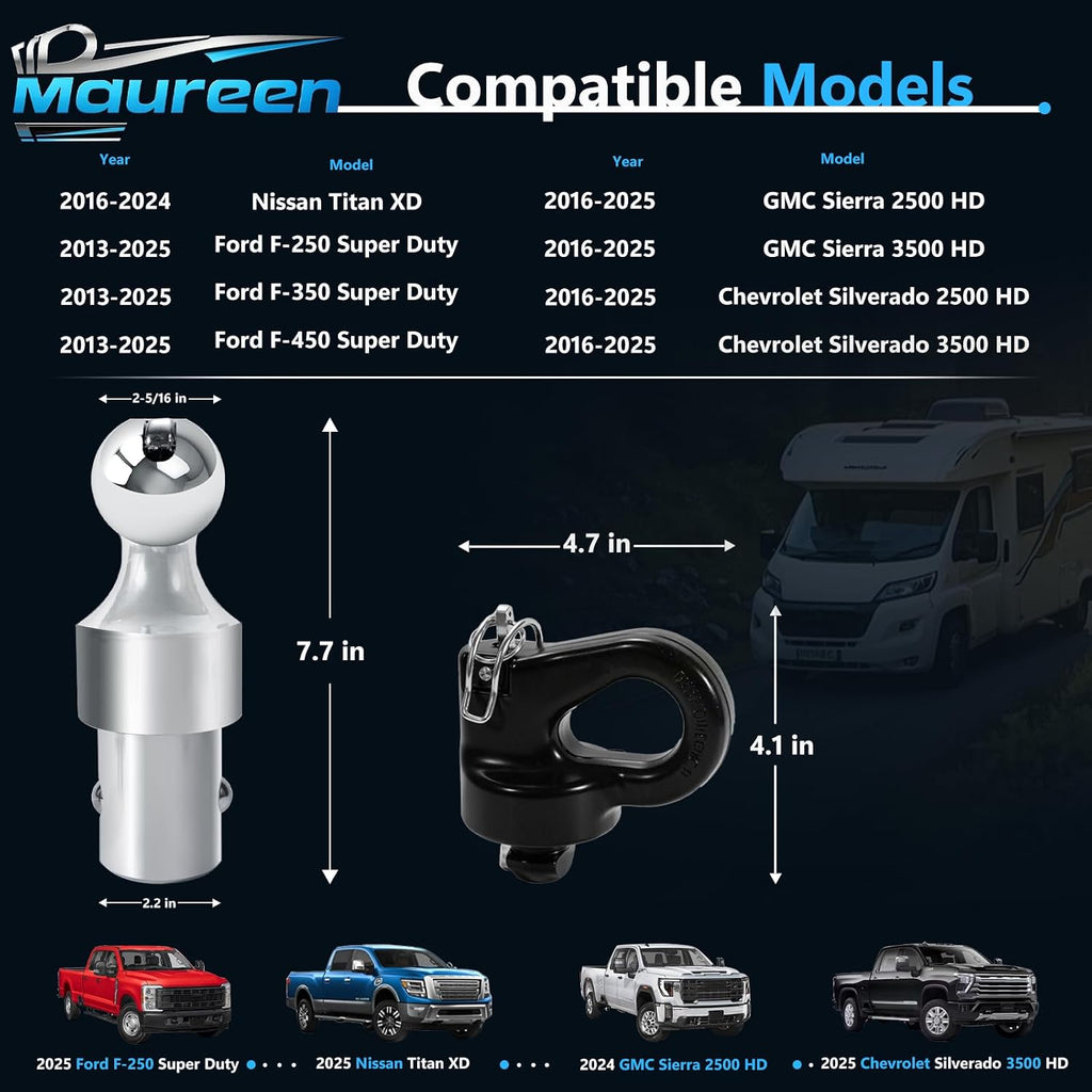 Gooseneck Hitch Ball Replacement Fit for Ford F250 F350 F450 2013-2026，Chevrolet Silverado, GMC Sierra & Nissan Titan XD 2016-2026，2-5/16 Inch Ball Up to 38K lbs GTW/ 9500 lbs VTW