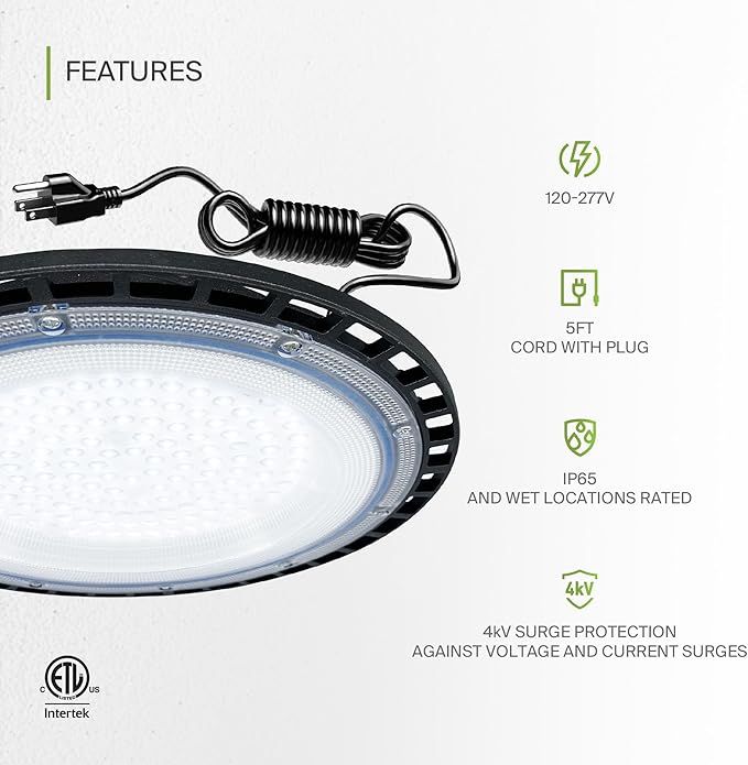 ASD LED High Bay UFO Light Fixture, Commercial Shop Lighting | Plug & Play Cable - Image 3