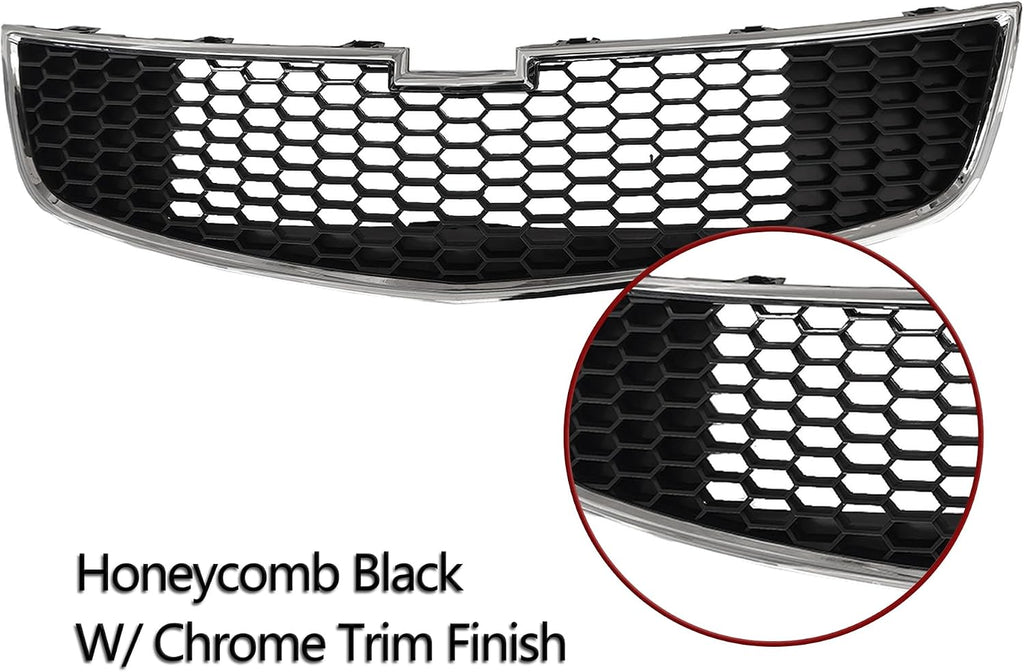 PartsFlow 2PCS Front Bumper Grille Upper And Lower Grill Black With Chrome For 2011 2012 2013 2014 Chevrolet Chevy Cruze