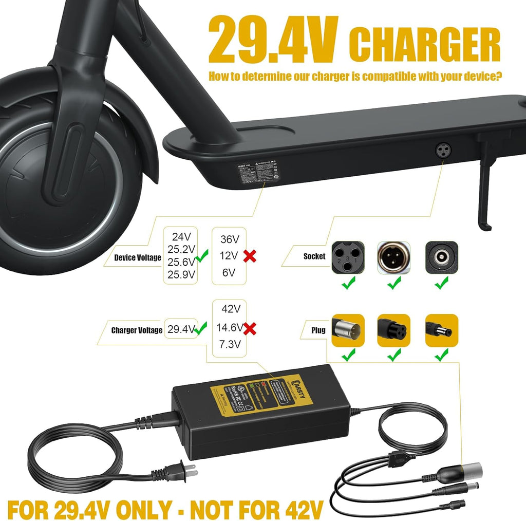 Carsty Hoverboard Charger 29.4V for Electric Scooter & Wheelchair | UL Certified Universal 3-in-1 fast charger for 29.4V devices. Compatible with hoverboards, scooters, wheelchairs.