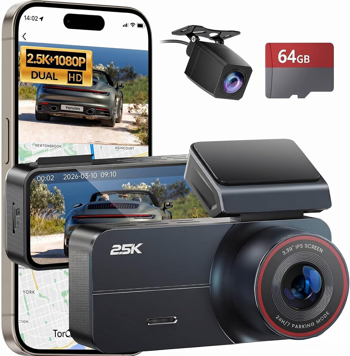 dash cam 2.5k front rear 64gb wifi gps, main product view