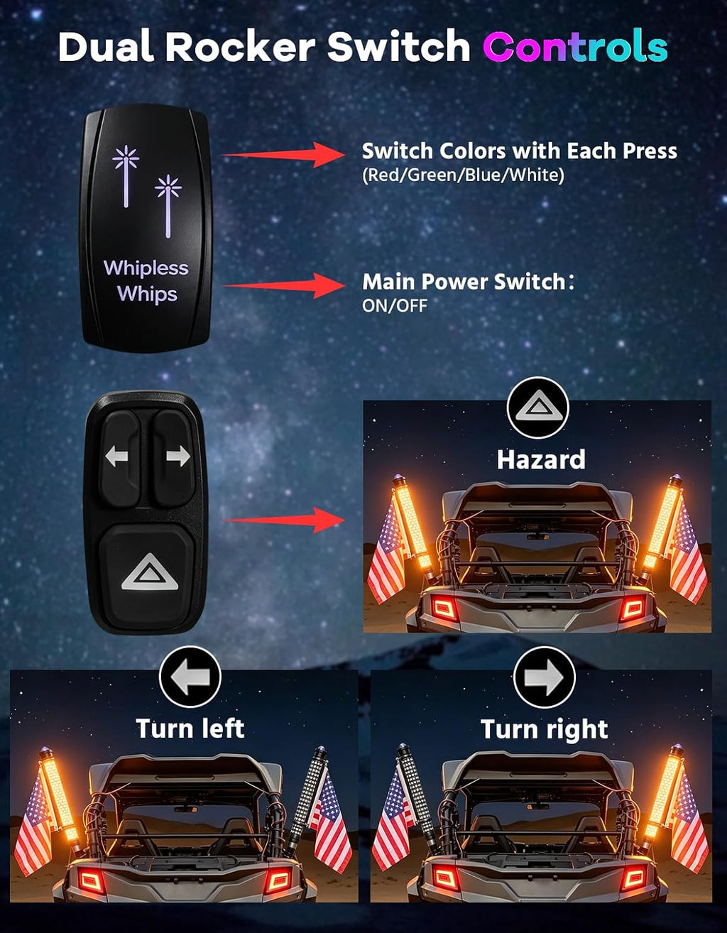2-in-1 2FT Fat Whip Lights, Whipless LED Whip Lights with Rocker Switch, Remote & APP Control, 360° Spiral Multi-Color Lights, Compatible with Polaris, Can-Am, CFMOTO, ATVs (2 Pack)