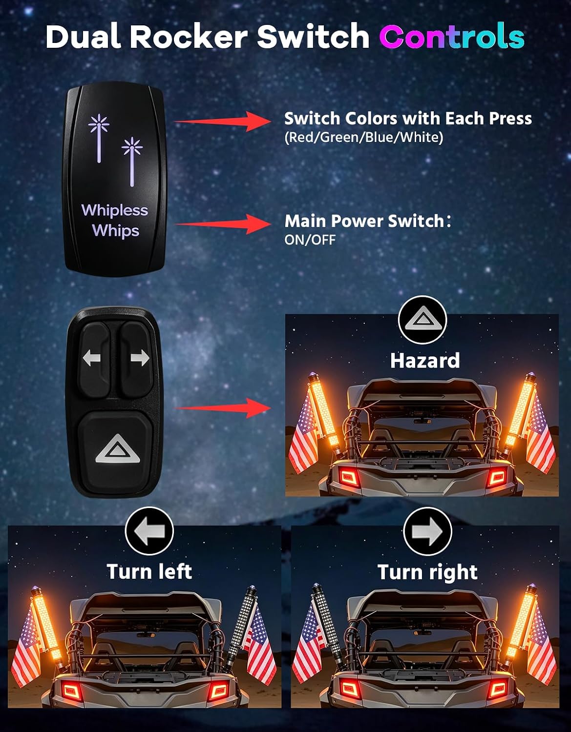 2-in-1 2FT Fat Whip Lights, Whipless LED Whip Lights with Rocker Switch, Remote & APP Control, 360° Spiral Multi-Color Lights, Compatible with Polaris, Can-Am, CFMOTO, ATVs (2 Pack)