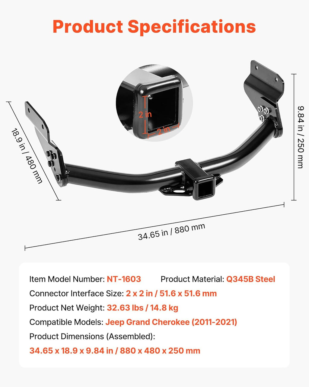 VEVOR Class 3 Trailer Hitch, 2-Inch Receiver, Compatible with 2011-2021 Jeep Grand Cherokee, Q345B Steel Tube Frame, Multi-Fit Hitch to Receive Ball Mount, Cargo Carrier, Bike Rack, Tow Hook, Black