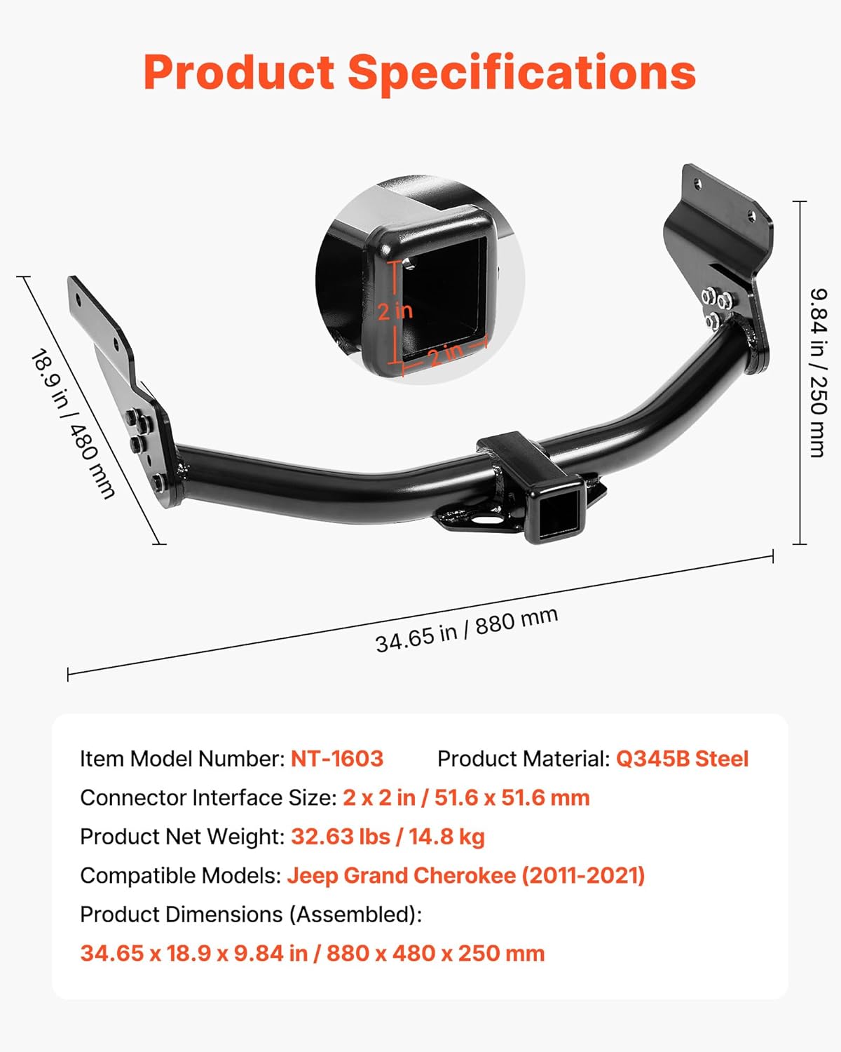 VEVOR Class 3 Trailer Hitch, 2-Inch Receiver, Compatible with 2011-2021 Jeep Grand Cherokee, Q345B Steel Tube Frame, Multi-Fit Hitch to Receive Ball Mount, Cargo Carrier, Bike Rack, Tow Hook, Black