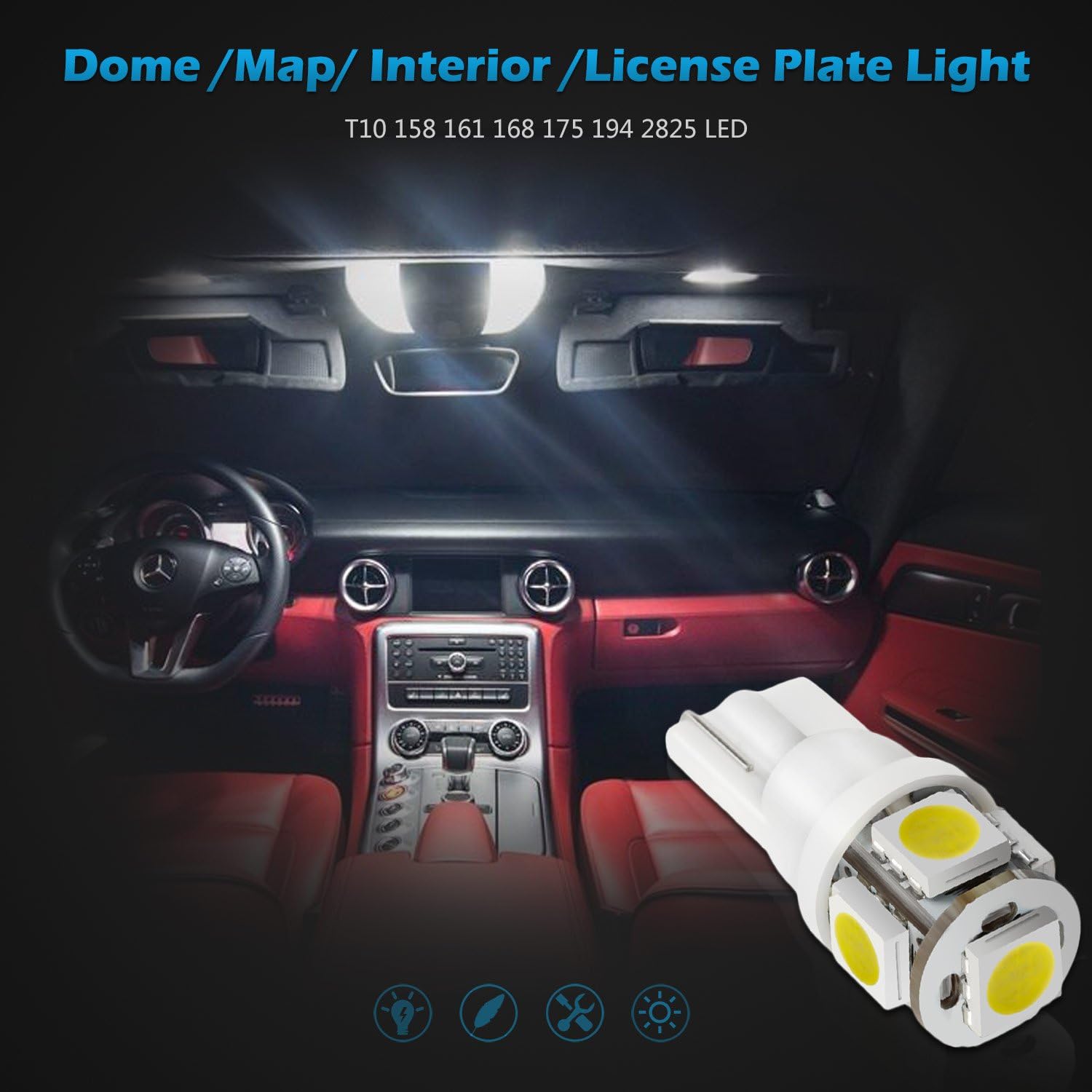 Partsam 194 168 LED Bulbs White, Super Bright T10 2825 Car Interior Dome Lights Bulbs 6000K 5050-SMD Chipsets Error Free for Car Dome Map Door Courtesy License Plate Lights, 10Pcs
