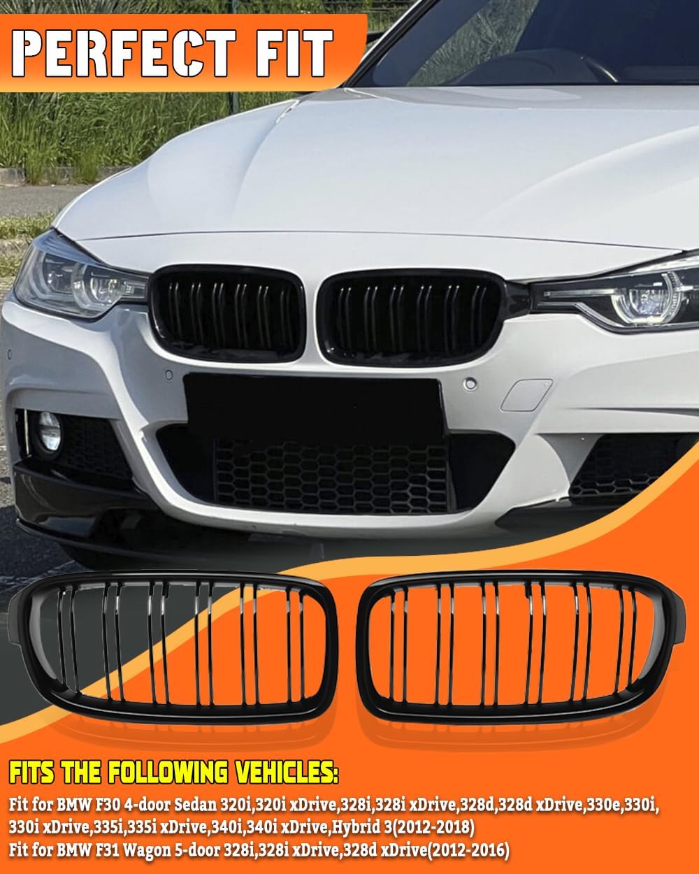 Double Slats Gloss Black Front Grill Compatible with 2012-2018 BMW 3 Series F30 F31 F35 320i 328i 335i, ABS Kidney Grille