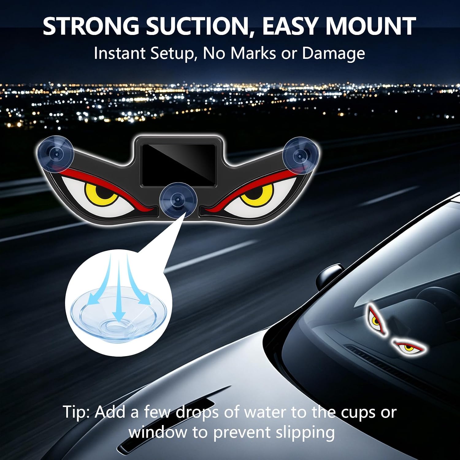 Solar Devil Eyes Car LED Light, Wireless No Drill Demon Eye Warning Lights for Car Windshield & Rear Window, Type-C Rechargeable Animated LED Eyes for Cars, SUVs, Trucks, Vans (1 Pack)