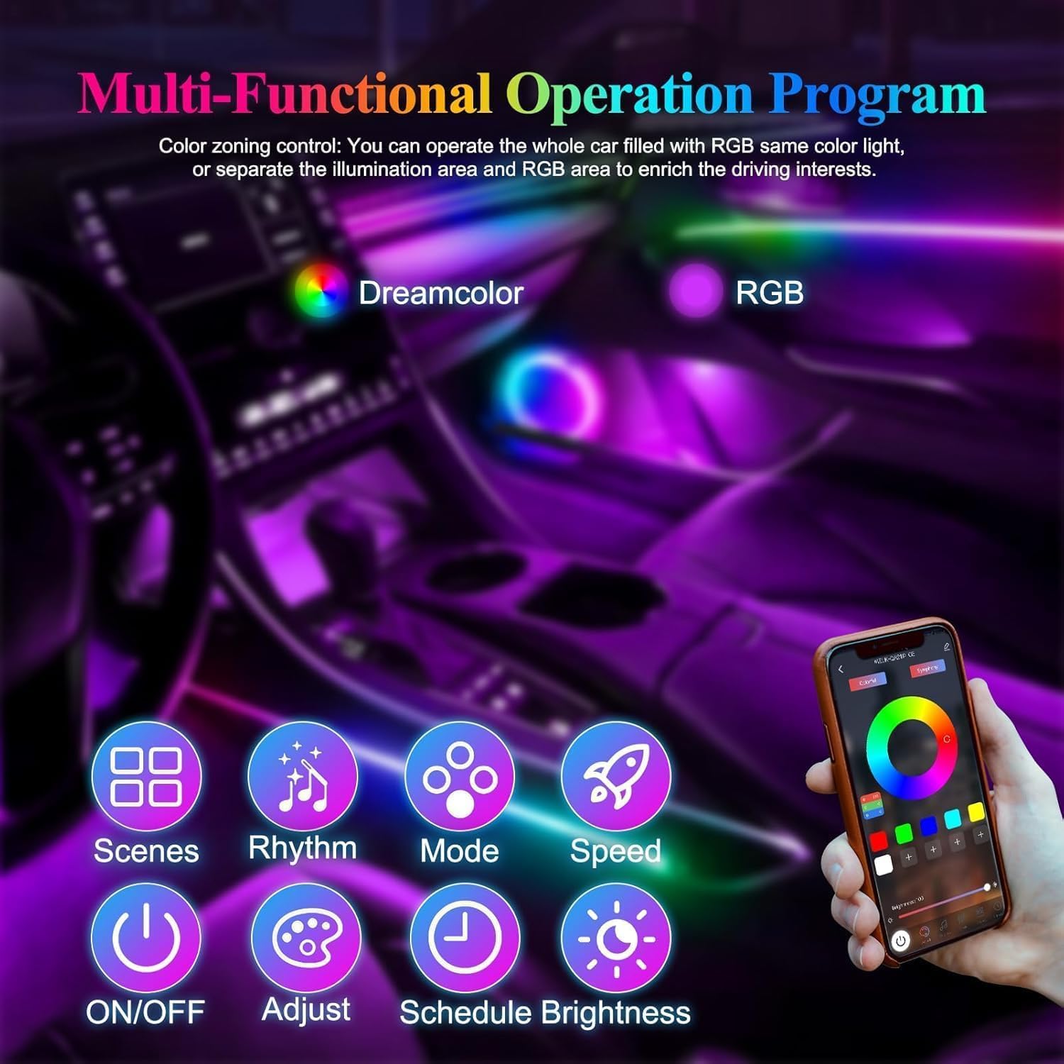 Acrylic Interior Car LED Strip Light with Wireless APP, RGB 18 in 1 with 175 inches 593 LEDs Fiber Optic Ambient Lighting Kits, 16 Million Colors Sound Active Function Car Neon Lights
