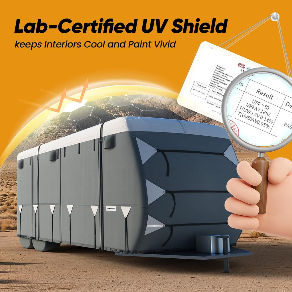 KING BIRD Enhanced RV Cover, Heavy Duty Snow Protection, Fits 24-27ft Travel Trailers Campers, with Adhesive Repair Patches,Windproof Straps&Tire Covers