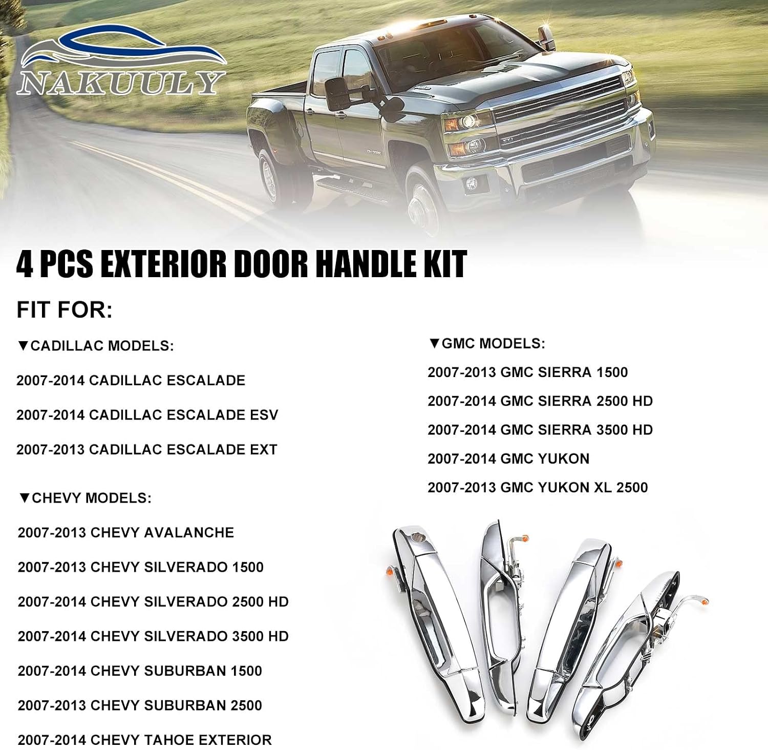Exterior Chrome Door Handle 4 PCS Front Rear Driver & Passenger Compatible with 2007-2014 Cadillac Escalade Chevy Avalanche Silverado Suburban GMC Sierra Yukon OE # 22738722 22738721 20828258