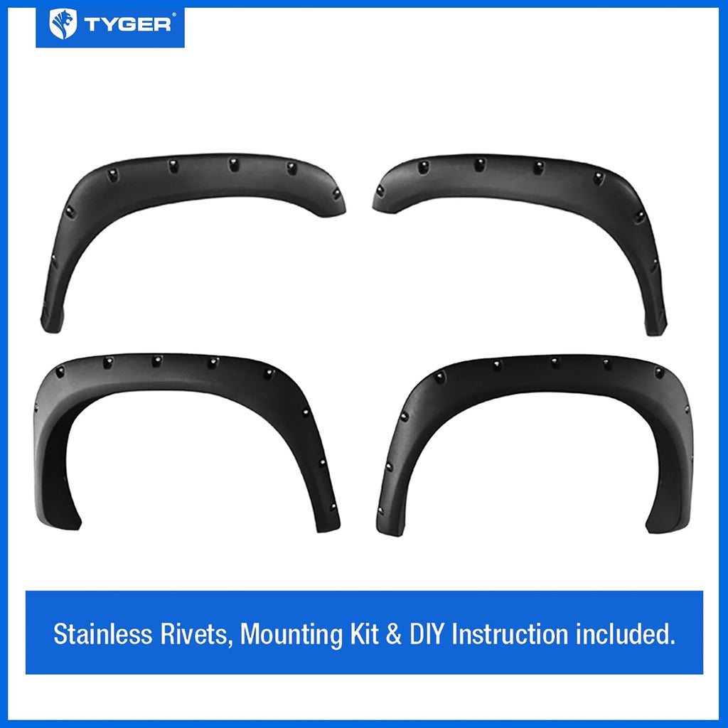 Tyger Auto Fender Flare Compatible with 2002-2008 Dodge Ram 1500; 2003-2009 2500 3500 (Not Fit 06-09 8ft Bed Models), Fine-Textured Black Paintable Bolt-Riveted Style 4pc | TG-FF8D4078
