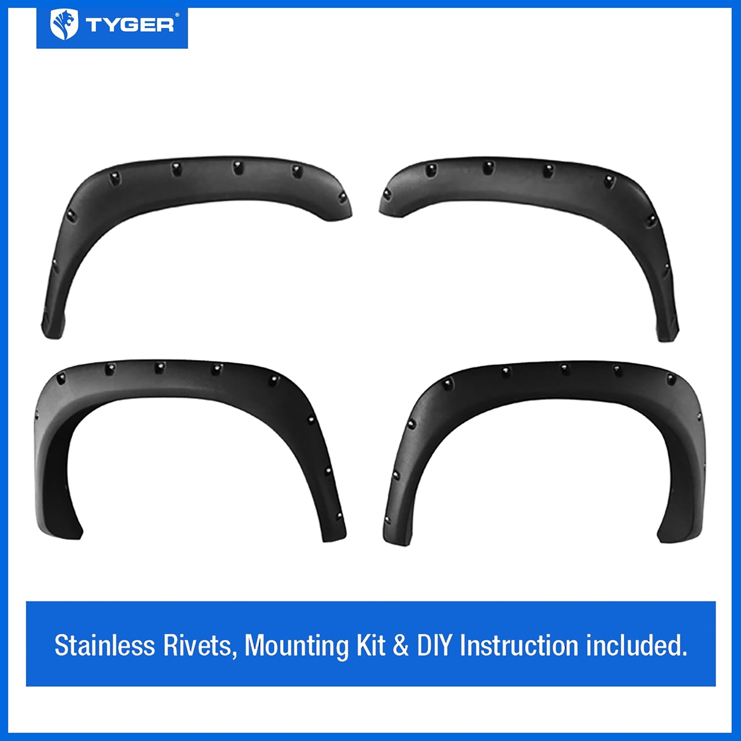 Tyger Auto Fender Flare Compatible with 2002-2008 Dodge Ram 1500; 2003-2009 2500 3500 (Not Fit 06-09 8ft Bed Models), Fine-Textured Black Paintable Bolt-Riveted Style 4pc | TG-FF8D4078