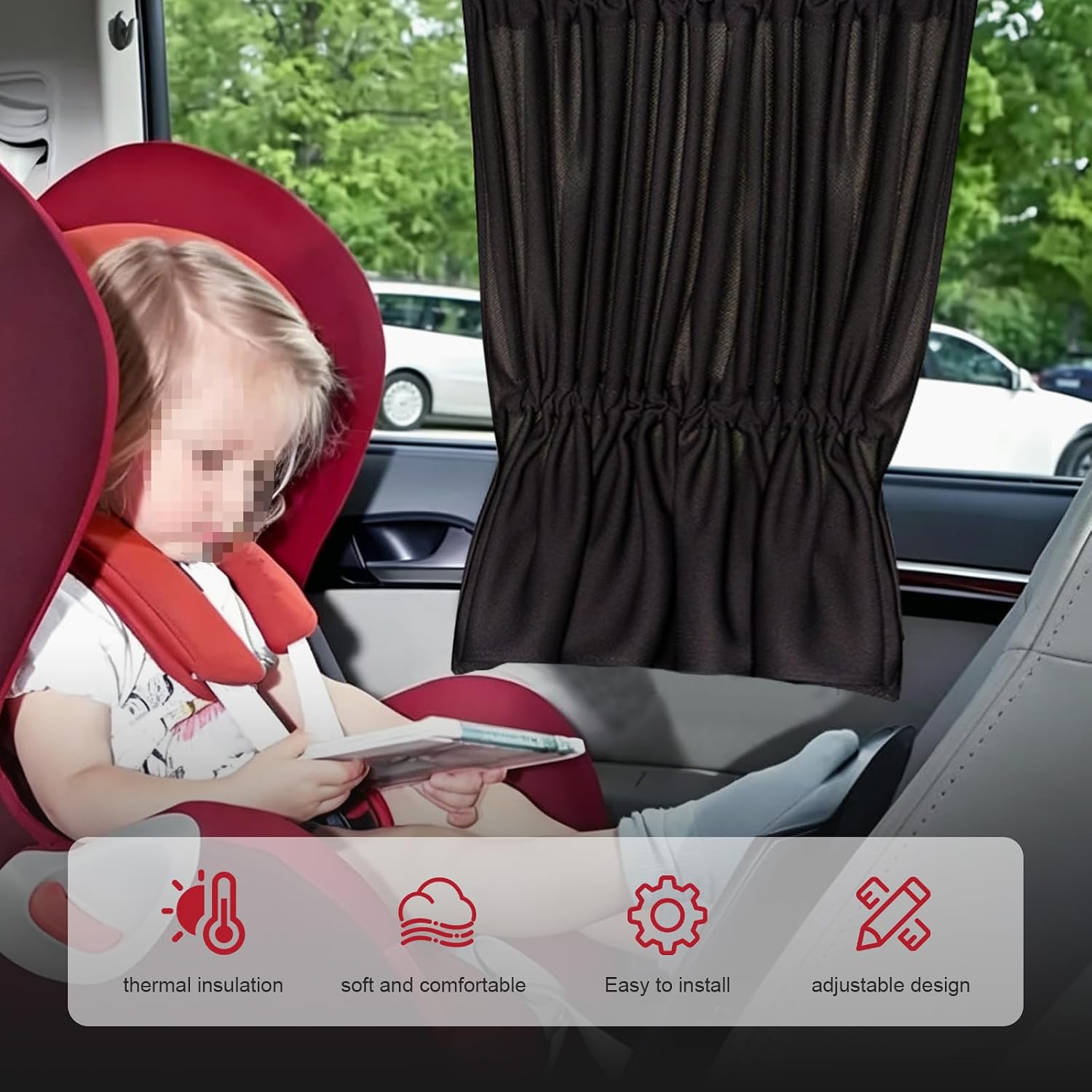 2 PCS Car Side Window Shades, Sun Blocking & Heat Insulation Curtain for Baby, Privacy Protection Blackout Sunshade with Suction Cup, Foldable Cover for Most Cars SUVs Trucks (Black)