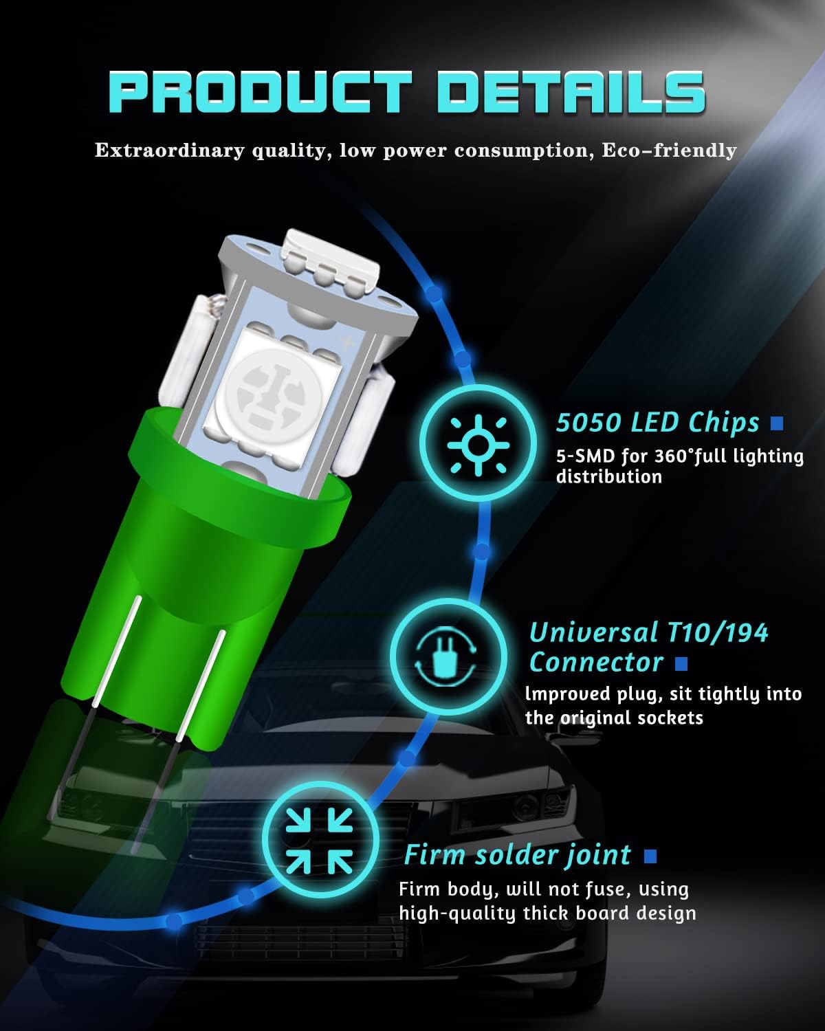 25-Pack 194 LED Light Bulb, Super Bright T10 LED Bulb Green, 2825 Bulb 5050 Chipset 5-SMD, W5W 168 LED Bulbs Replacement for 12V Car Interior Dome Map Door Courtesy License Plate Lights