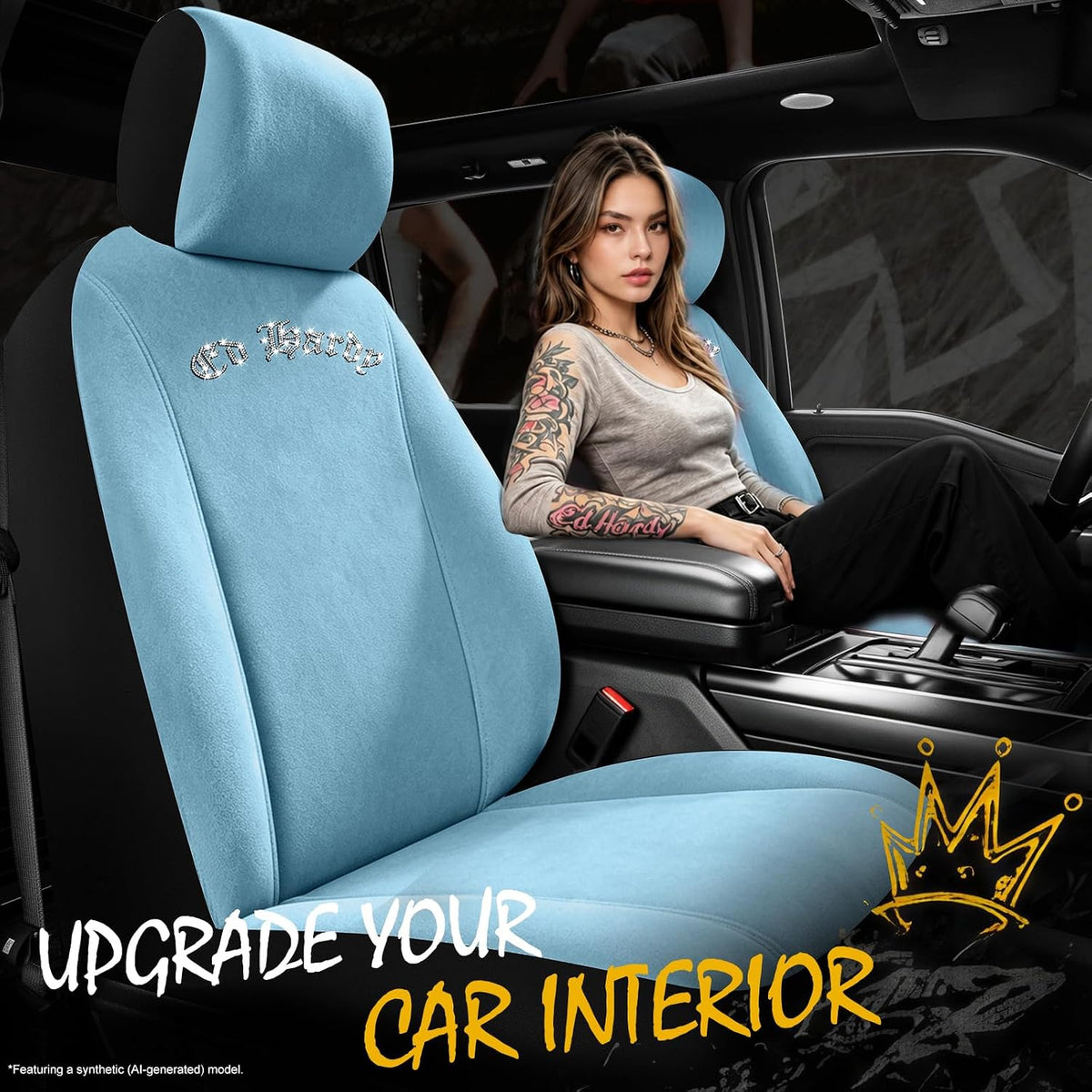 ed hardy car seat covers, light blue short shown in use