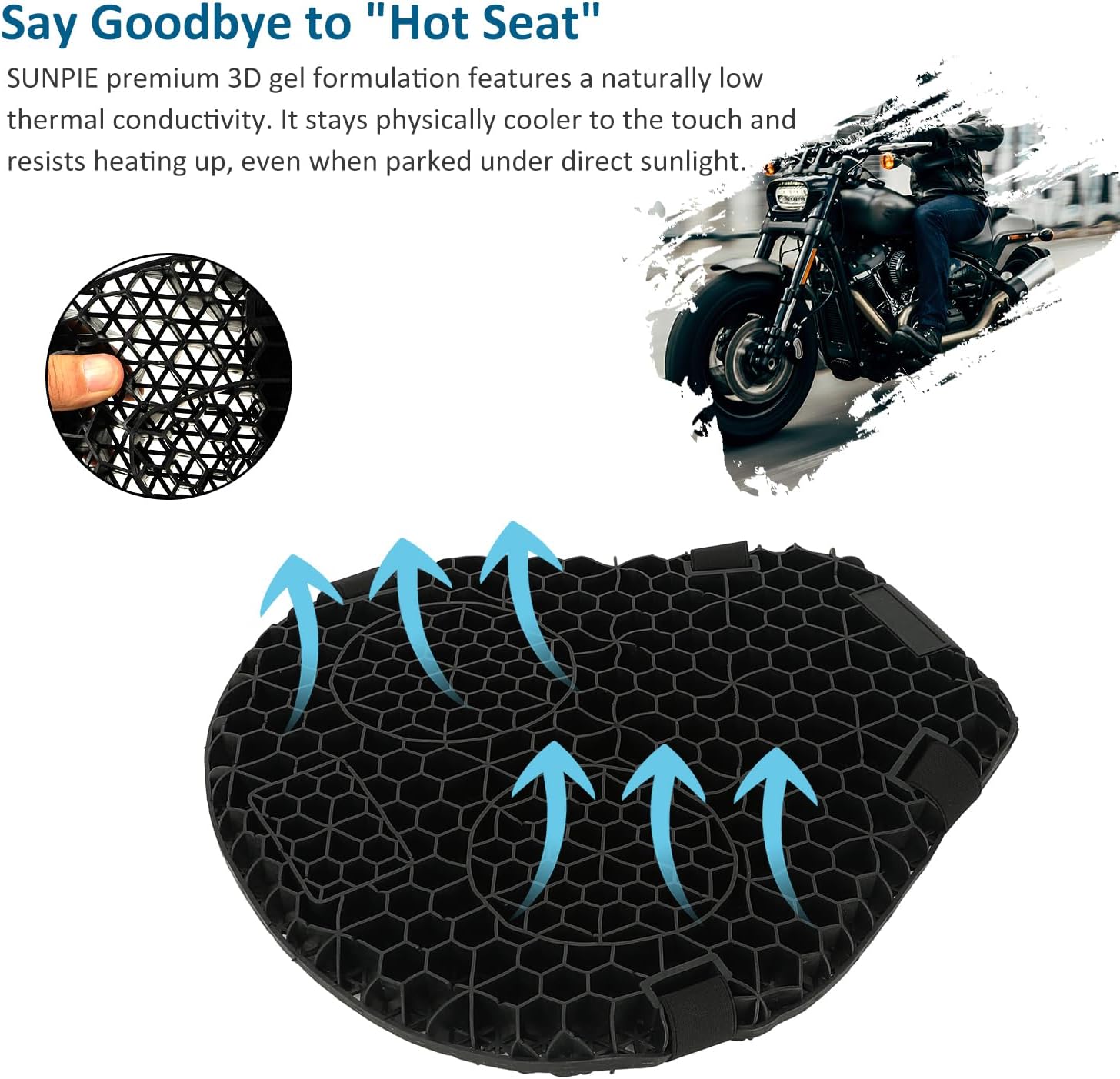 SUNPIE Motorcycle Seat Cushion Universal 3D Gel Honeycomb Motorcycle Seat Cover Breathable and Comfortable Large Seat Cushion Pad