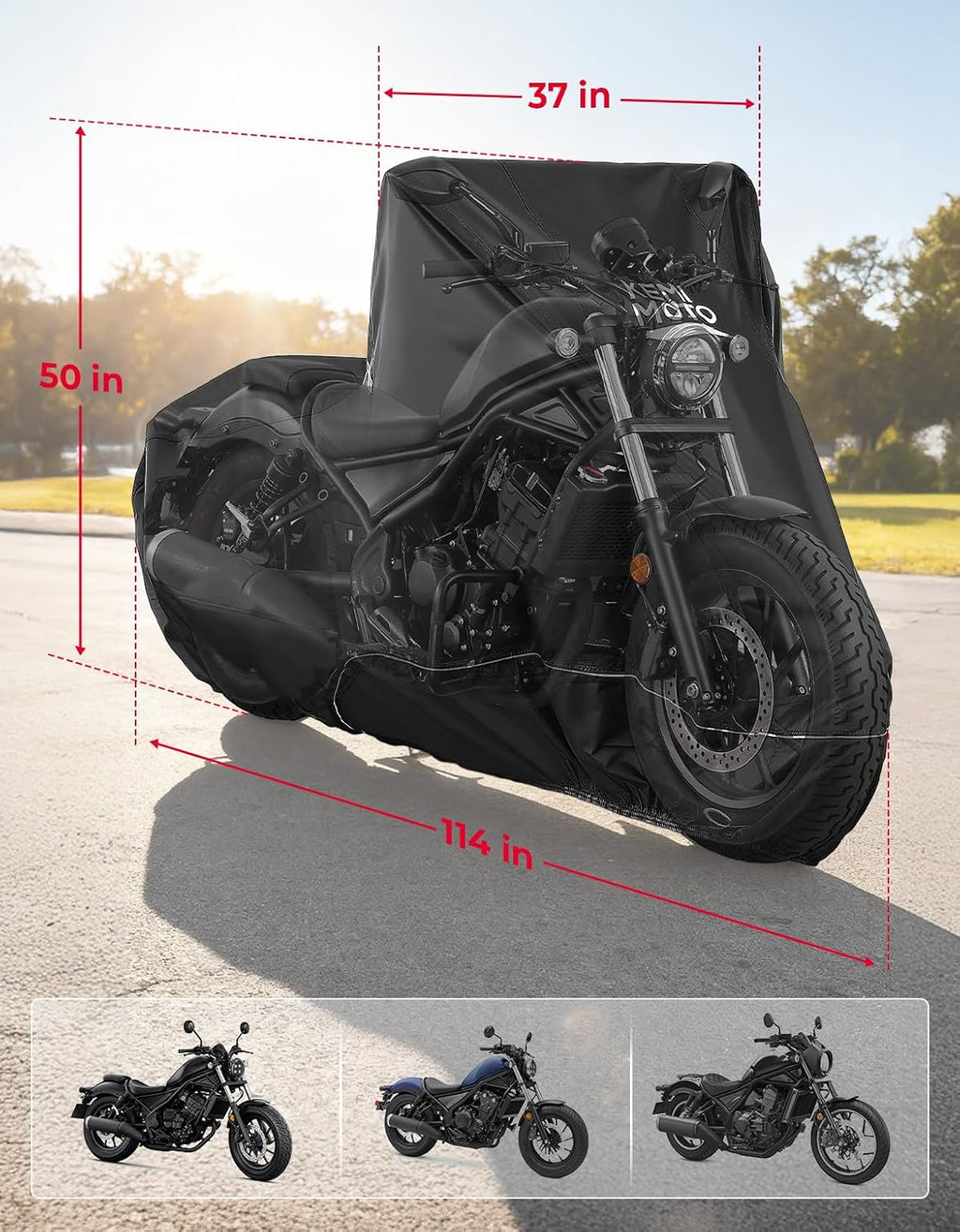 KEMIMOTO Heavy Duty 420D Motorcycle Cover Storage Bag Fit Waterproof Fit for Rebel300 500 1100 Sportster Iron 883 Shadow Vulcan S Boulevard S40 Outdoor All Weather Rain Snow Dust UV Cover & Lock Hole