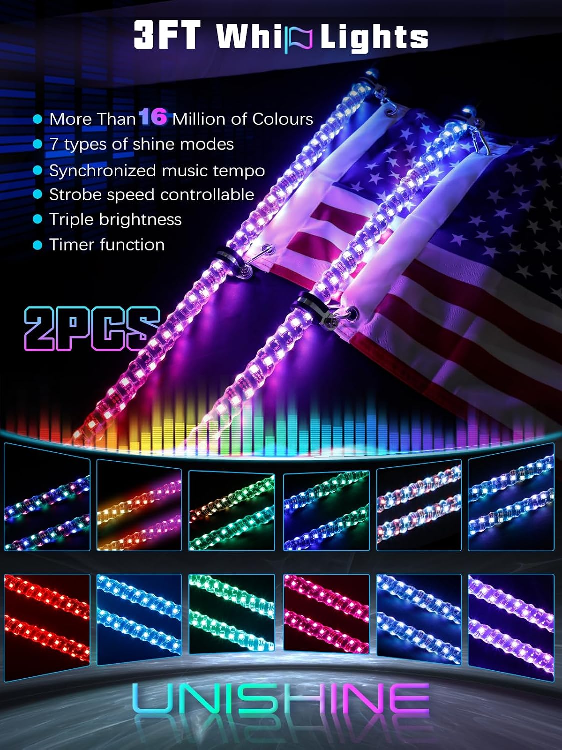 UNI-SHINE 2PCS 3FT LED Whip Lights with Spring Base Spiral RGB Chasing Lights with APP & Remote Control, Music Antenna Whip Light for Can-Am UTV ATV RZR Can-Am SXS Polaris Offroad Truck