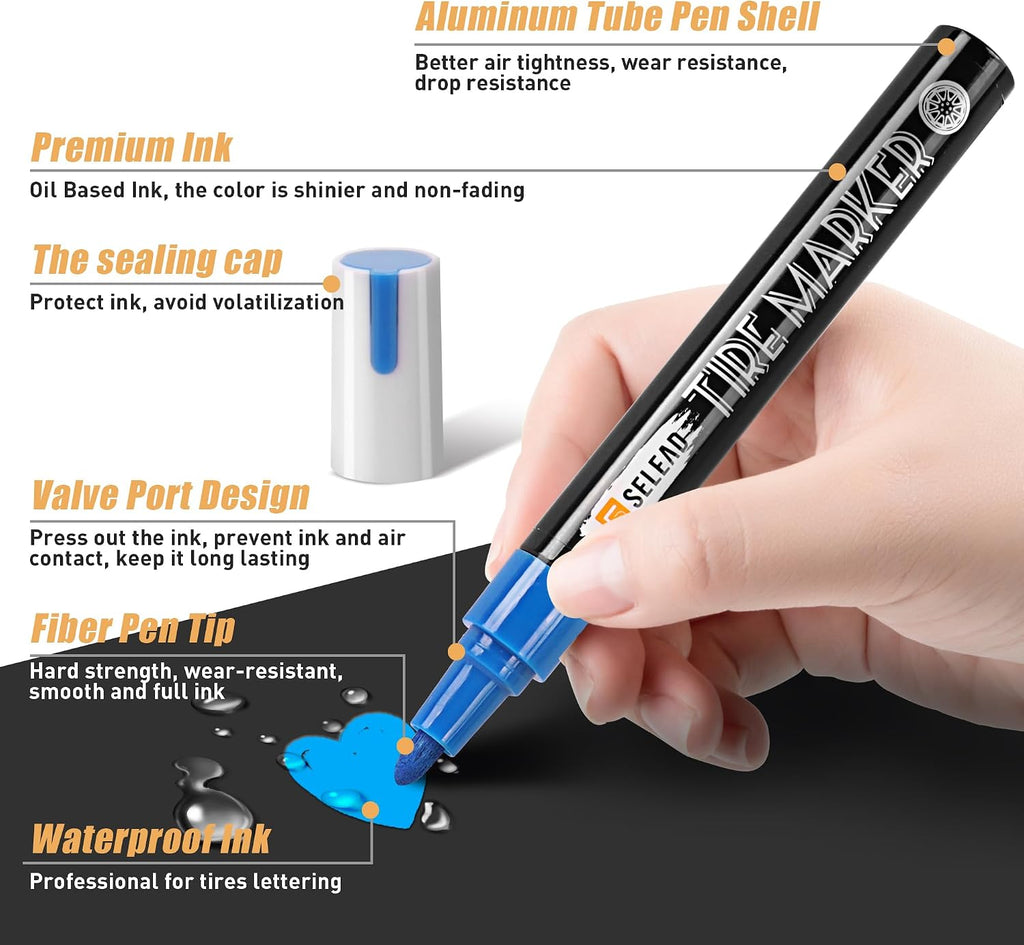 SELEAD Tire Marker White Red Yellow Blue - 8 Pack Paint Pens for Car Tires Lettering, Premium Professional Oil Based Waterproof Colored Permanent Markers
