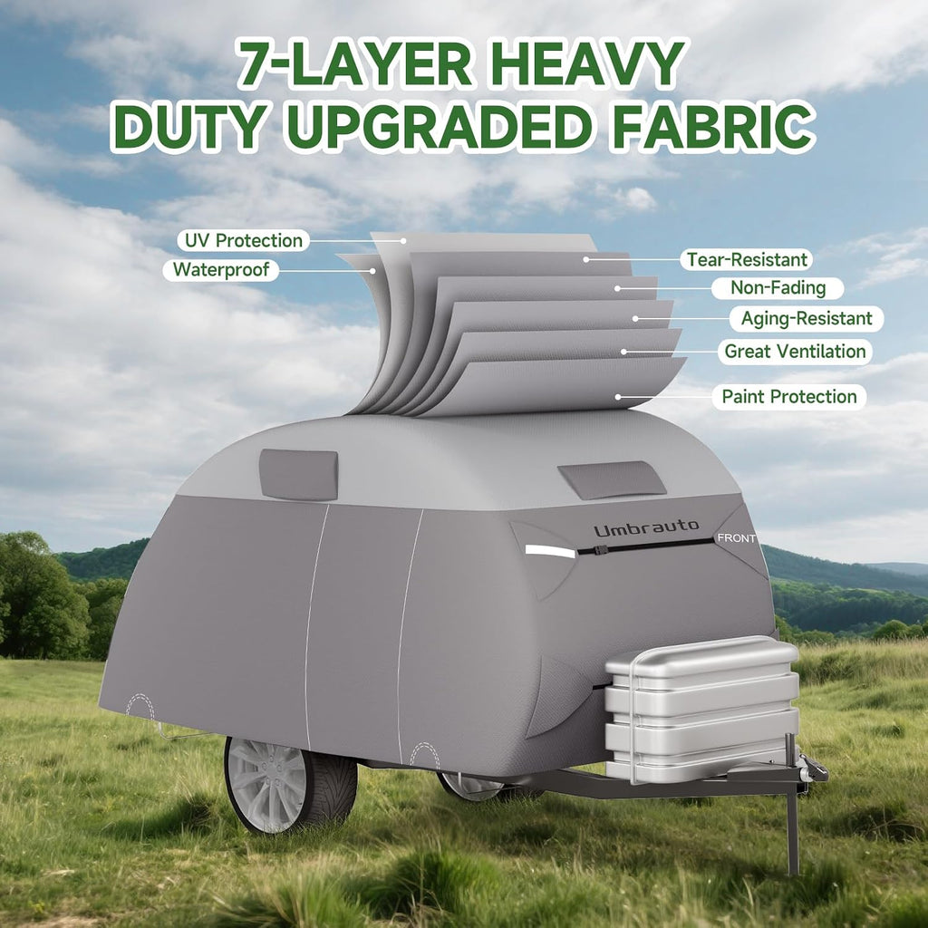 Teardrop Trailer Cover Fits 12'-15' RV, Camper Cover for R-Pod Trailers | Waterproof Travel Trailer Cover, 7 Layers Top, Leightweight, Camper Cover with Windproof Strap for Clamshell Trailers