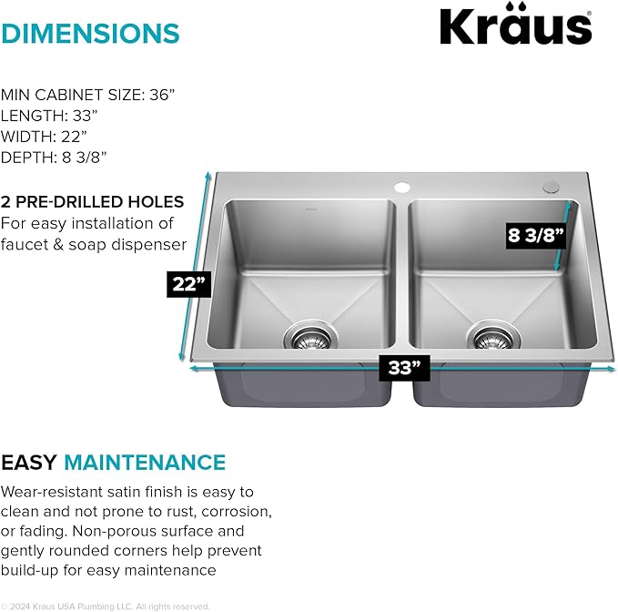 KRAUS Fairlane 33-inch Drop In/Top Mount Double Bowl 18-Gauge Stainless Steel - Image 7