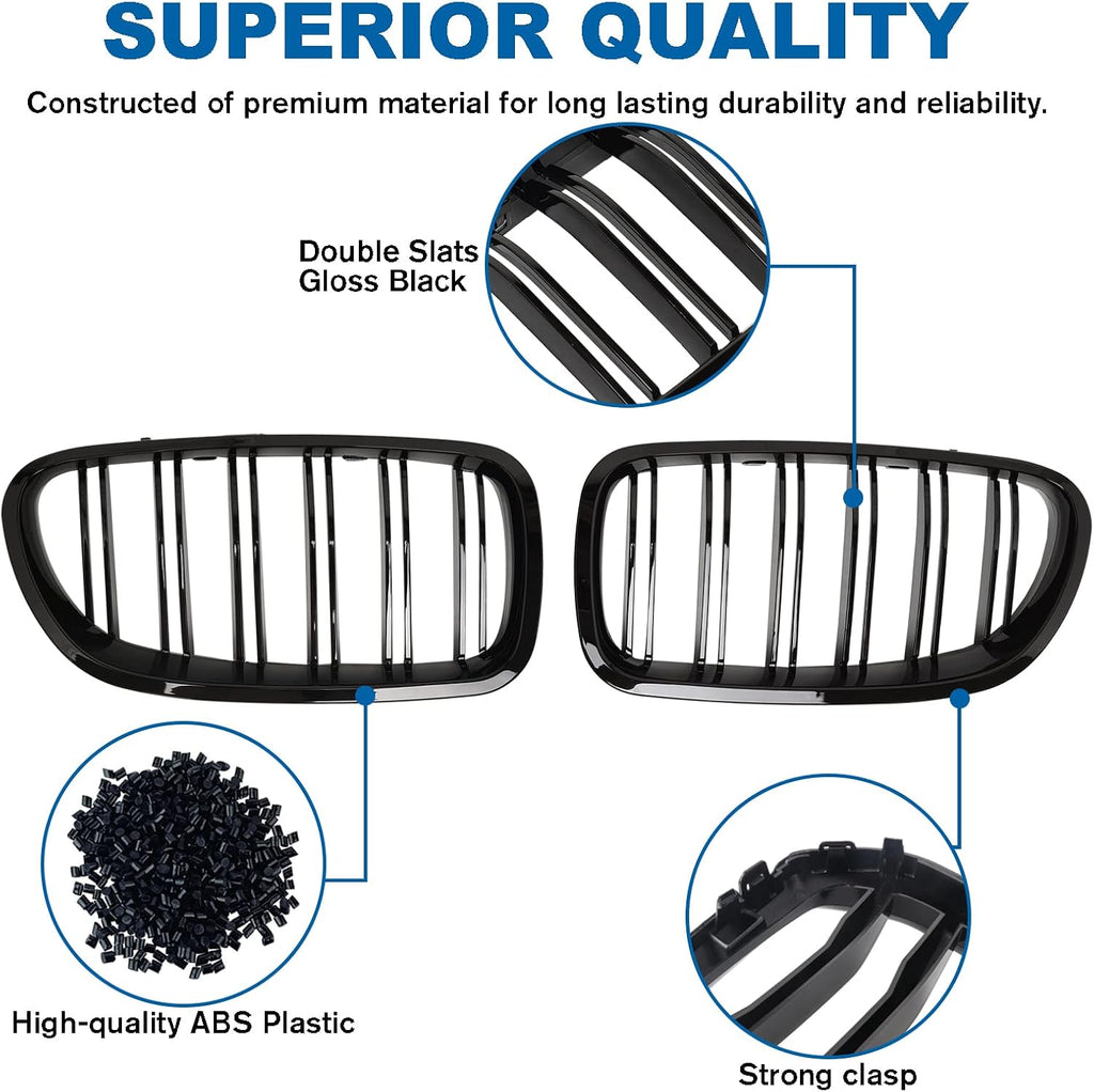 F10 Grille - Front Kidney Grille Double Slats Glossy Black Compatible with 2010-2017 BMW 5 Series F10 F11 F18 Sedan 520i 528i 535d 535i 550i 520i - ABS Gloss Black Kidney Grill