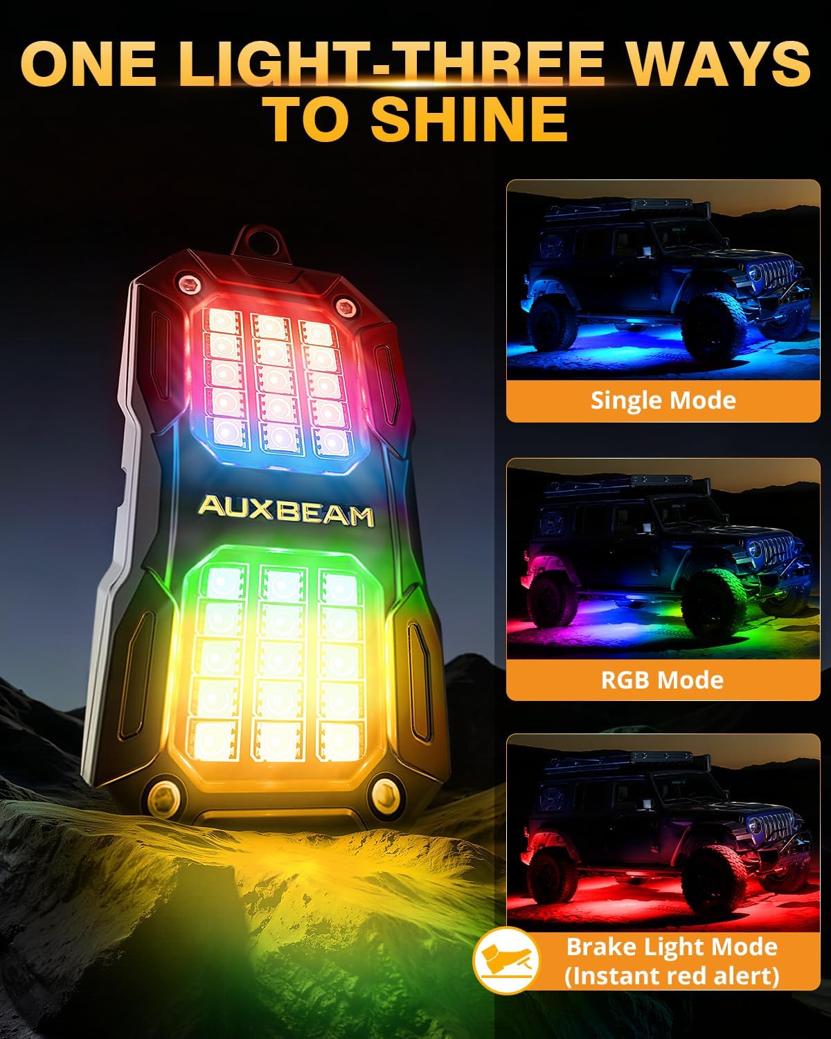 Auxbeam 8-Pod RGB LED Rock Lights w/Brake Mode 217°Dual-Side Lighting Underglow Kit w/Bluetooth APP & Remote Control Music Voice Sync Waterproof Wheel Well Lights for Trucks Offroad RV 2 Year Warranty