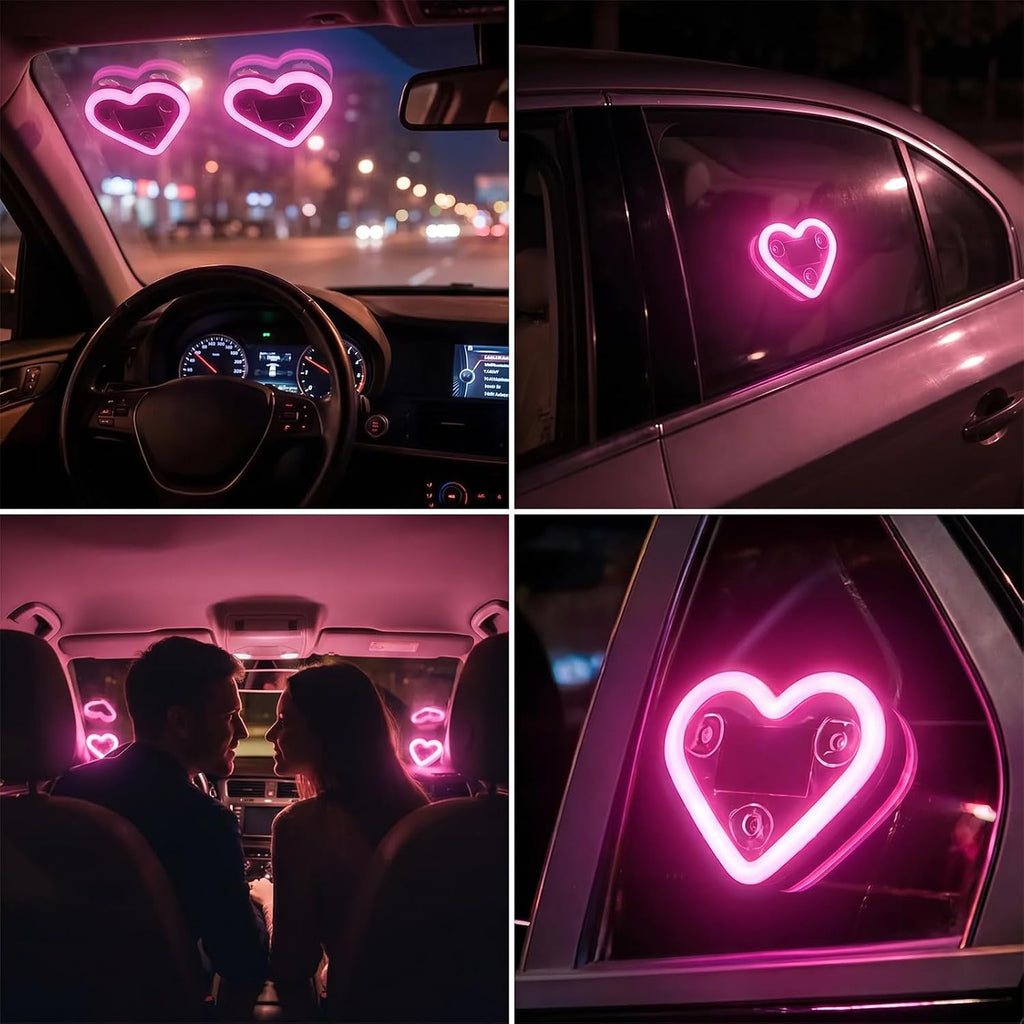 Upgrade Car Light LED Ambient Lights Heart Solar Lights Solar-Powered Heart-Shaped Neon Lights for Car Window Decorative 5 Modes Interior Outdoor Decor (Pink)