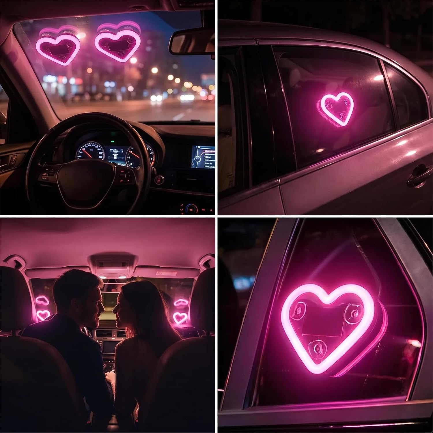 Upgrade Car Light LED Ambient Lights Heart Solar Lights Solar-Powered Heart-Shaped Neon Lights for Car Window Decorative 5 Modes Interior Outdoor Decor (Pink)