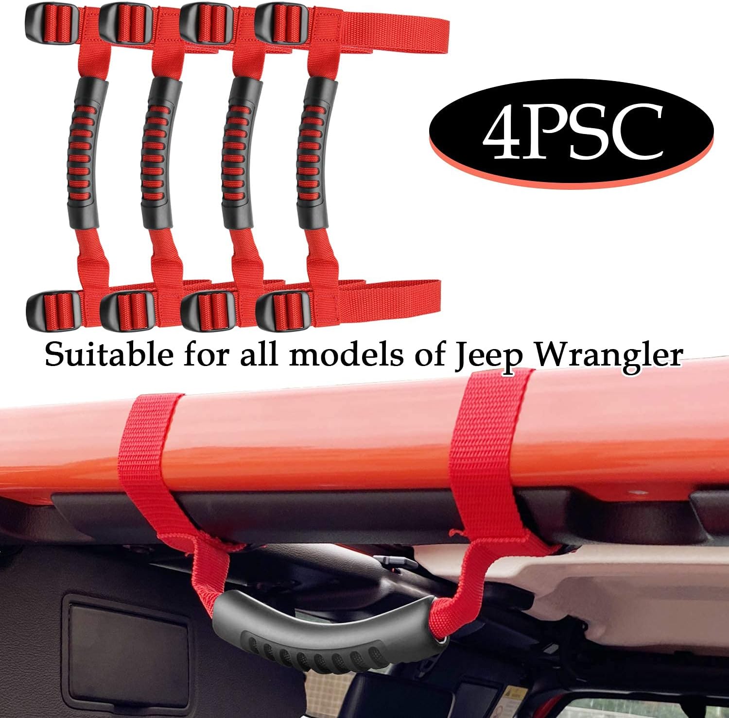 Bentolin 4 x Roll Bar Grab Handles Grip Handle Red Holder Compatible with Jeep Wrangler Accessories 1987-2021 YJ TJ LJ JK JL Sports Sahara Freedom Rubicon X & Unlimited