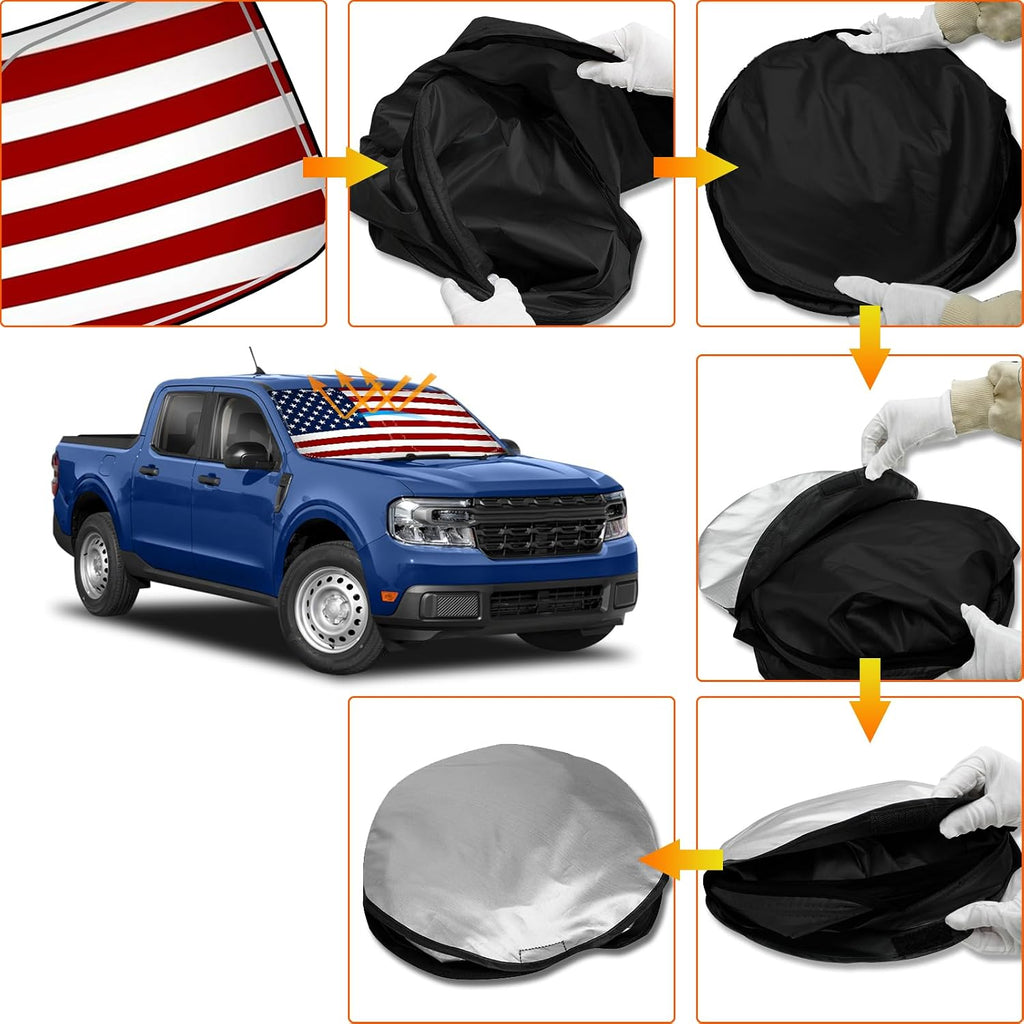 D-Lumina US Flag Winshield Sun Shade for 2020 2021 2022 2023 2024 2025 Fo-rd Maverick, Foldable Front Sun Shield Protector Blocks UV Rays, Window Sunshade Sun Visor Interior Accessories