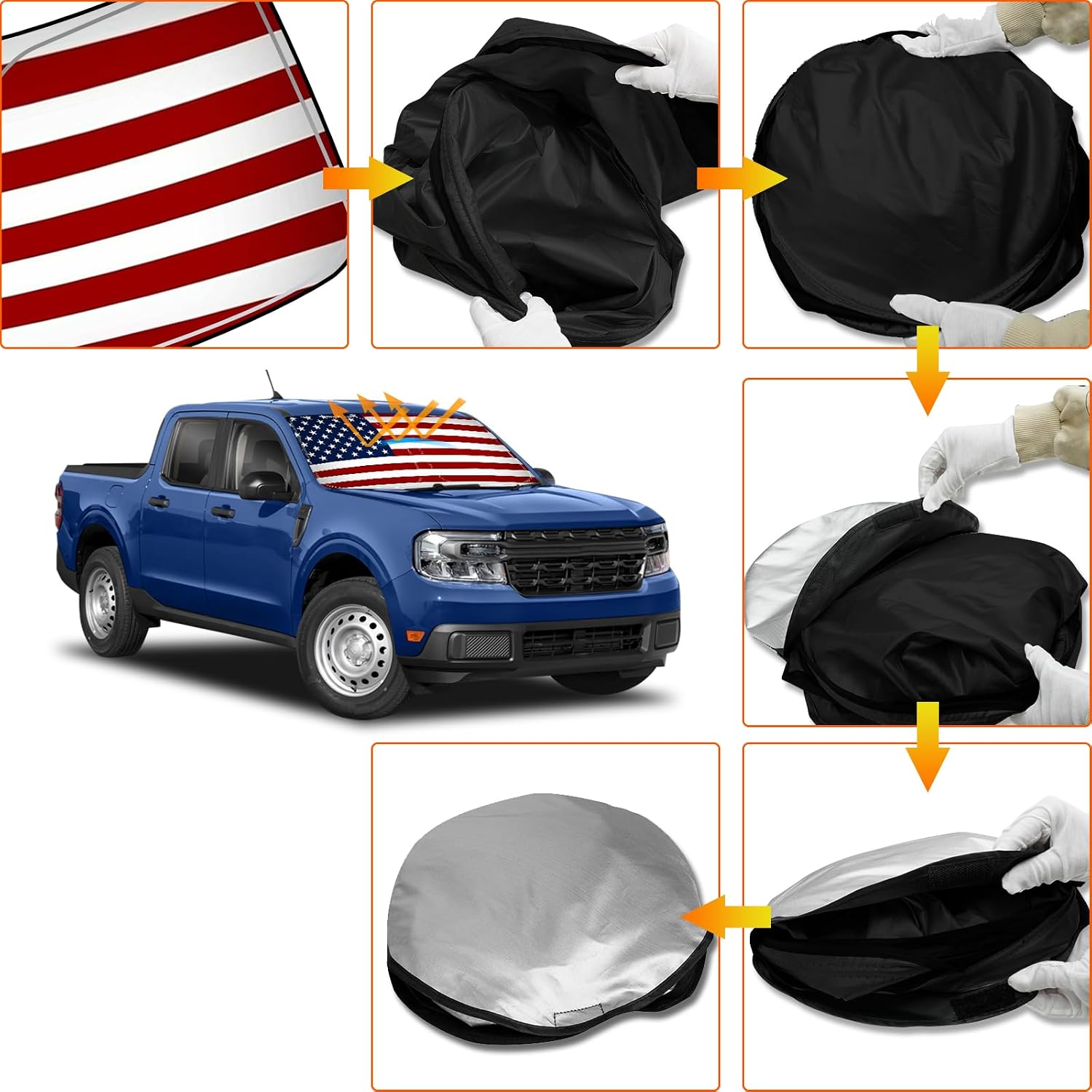 D-Lumina US Flag Winshield Sun Shade for 2020 2021 2022 2023 2024 2025 Fo-rd Maverick, Foldable Front Sun Shield Protector Blocks UV Rays, Window Sunshade Sun Visor Interior Accessories