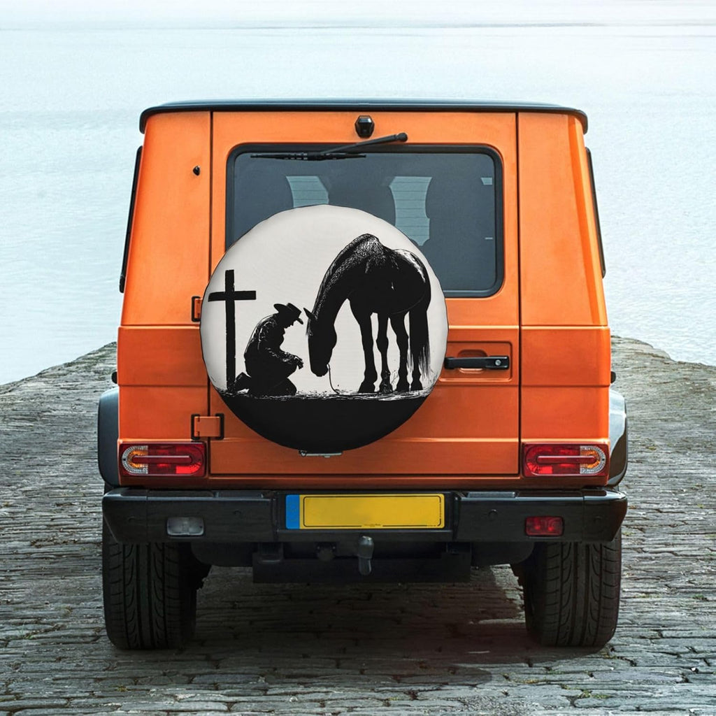 Cowboy Horse Cross Praying Spare Tire Cover for RV Camper SUV Truck, Waterproof Polyester Tire Wheel Cover, Universal Fit Outdoor Spare Wheel Protector with 15in