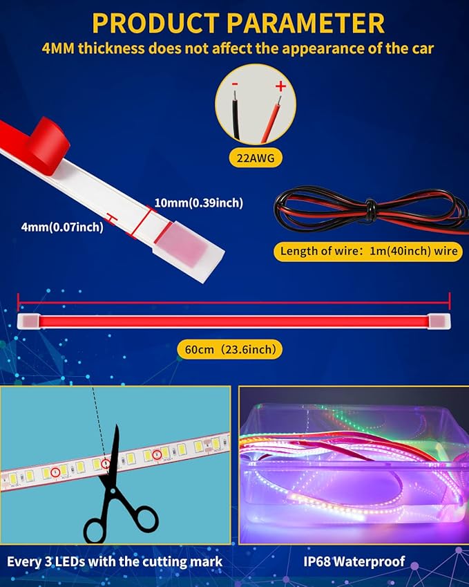 12V Car LED Strip Light, 24inch Car Interior Light Strip IP68 Waterproof - Image 4
