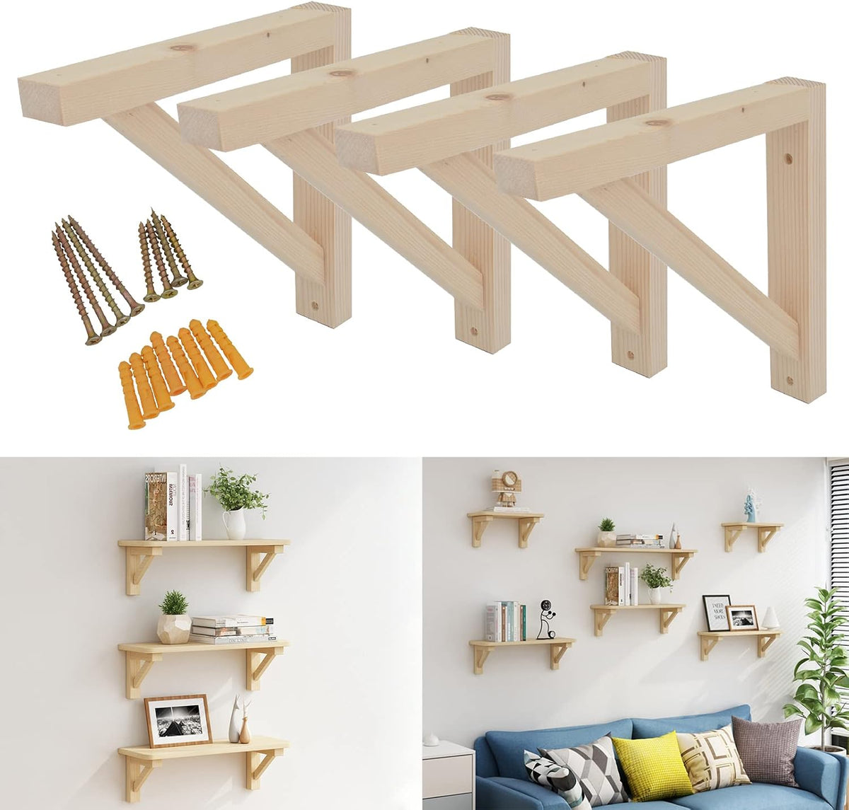 ovov 4 pack wall mount wooden shelf brackets, main product view