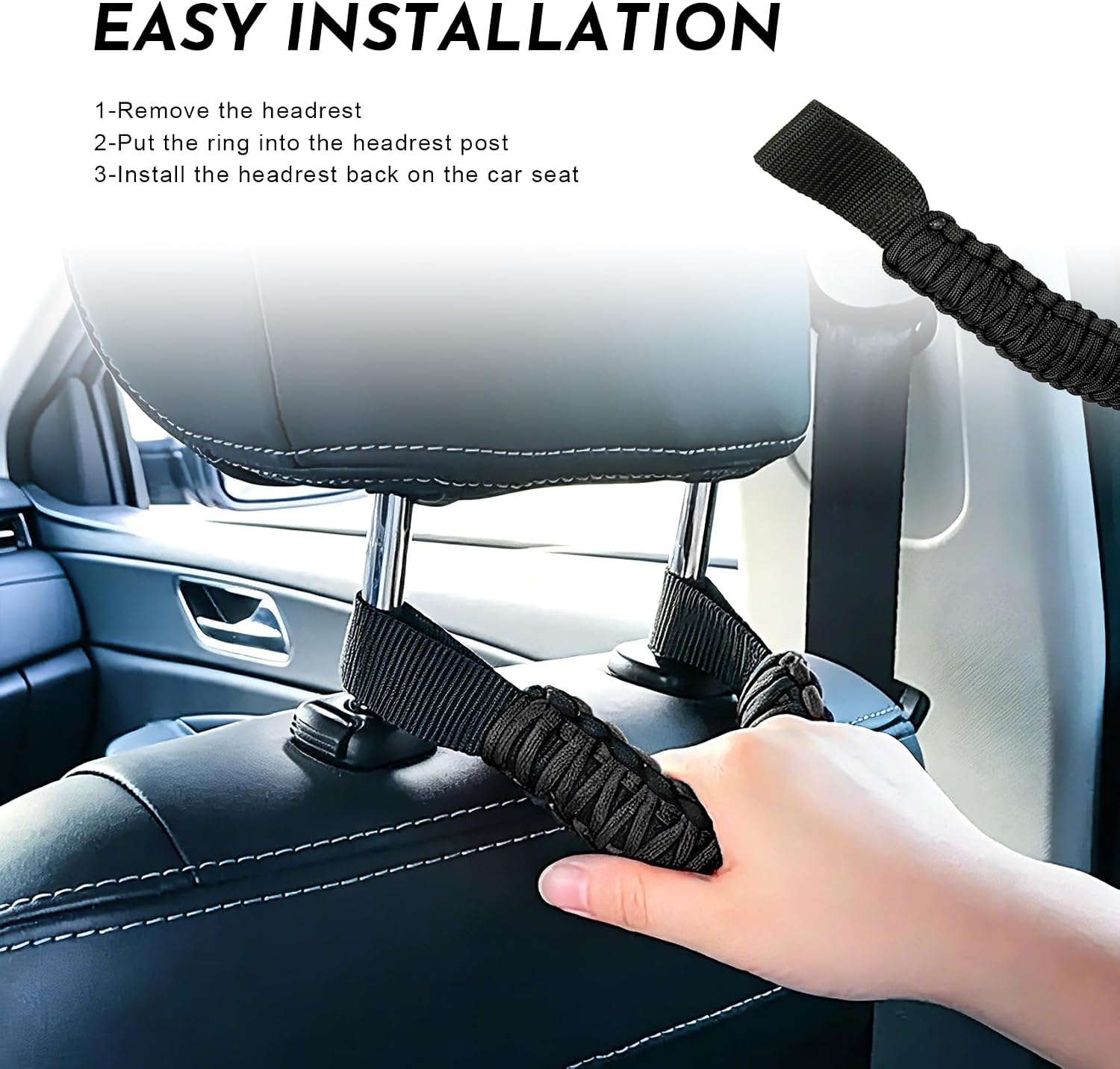2PCS Headrest Grab Handles, Roll Bar Grab Handles, Safety Headrest Support Handle Strap for Rear Seat Passenger, Heavy Duty Rear Seat Back Mount Roll Bar Grip Handle Kit for SUV Truck (Black)