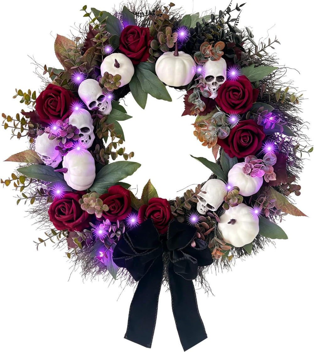 HipTree 20 Inch Gothic Halloween Wreath for Front Door with Purple Lights