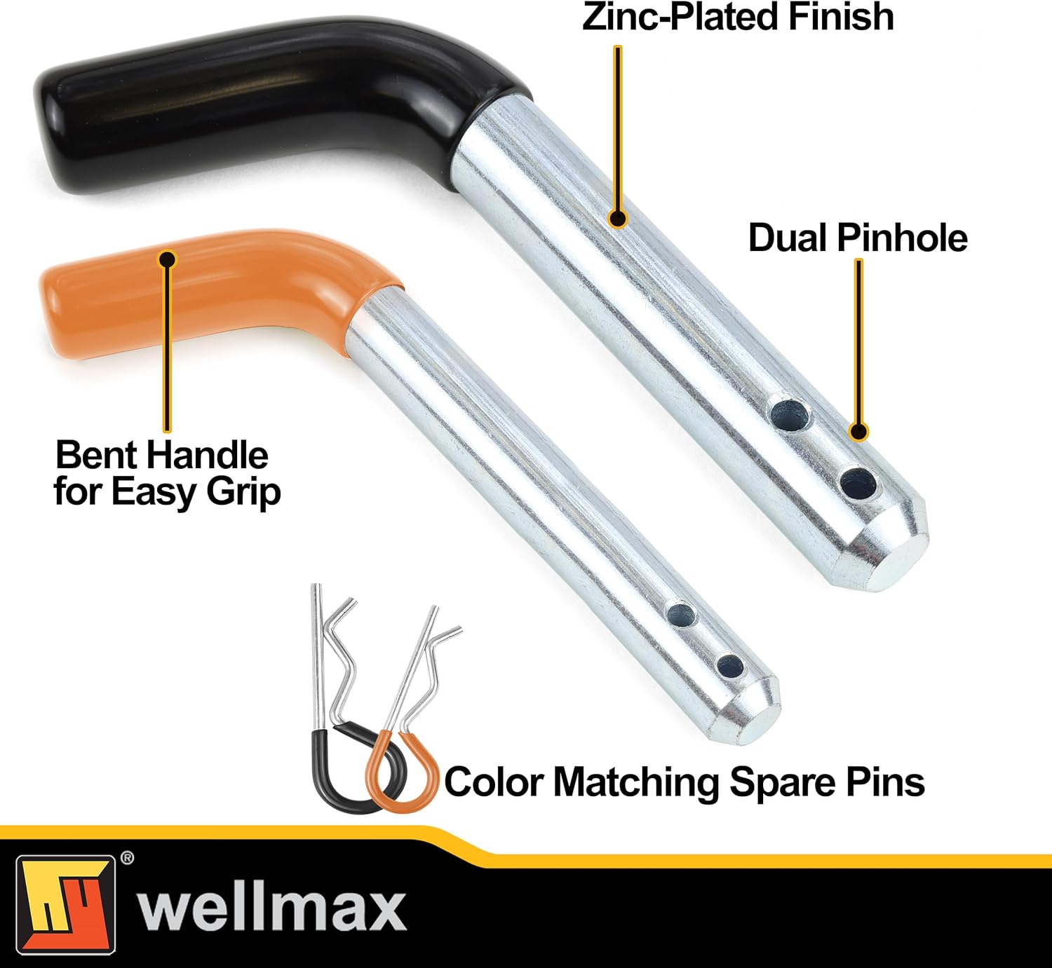 Wellmax 5/8" and 1/2" Diameter Dual Pinhole Trailer Hitch Pin Set - 3 PC 5/8" x 3-1/2" and 1 PC 1/2"x3" Shank, with Rubber-Coated Vinyl Grip and 8pcs R Clips, Zinc-Plated for 2" Receiver