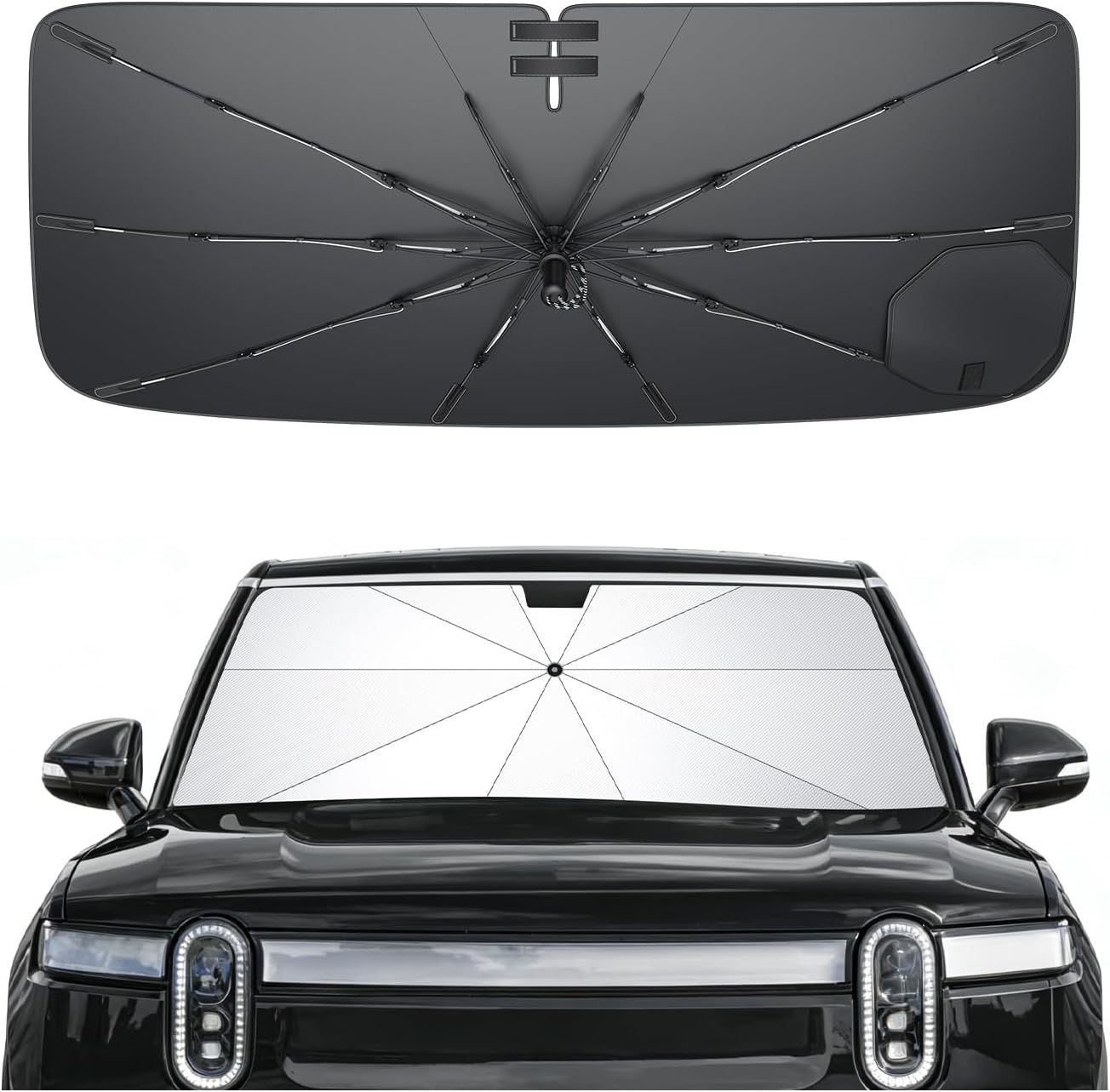 SXCY for 2022-2025 2026 Rivian R1T/R1S Windshield Umbrella Sunshade [Easier Foldable] for 2025 2026 Rivian R1T/R1S Accessories 2026 R1S Sunshade Umbrella 2025 2026 R1T/R1S Windshield Umbrella Shade
