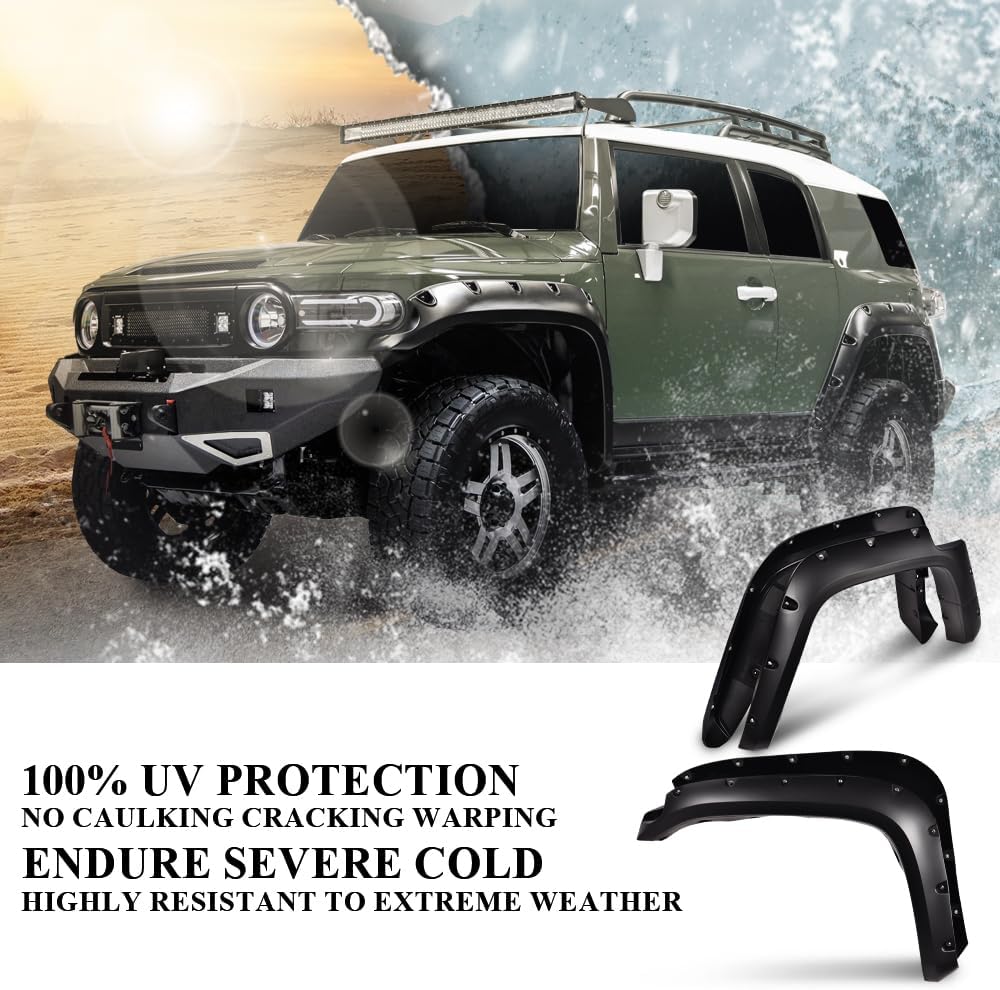 ANDPLAY Fender Flares 4pcs Compatible With Toyota FJ Cruiser 2007 2008 2009 2010 2011 2012 2013 2014, Black Wheel Cover Protector Smooth Pocket Riveted Style
