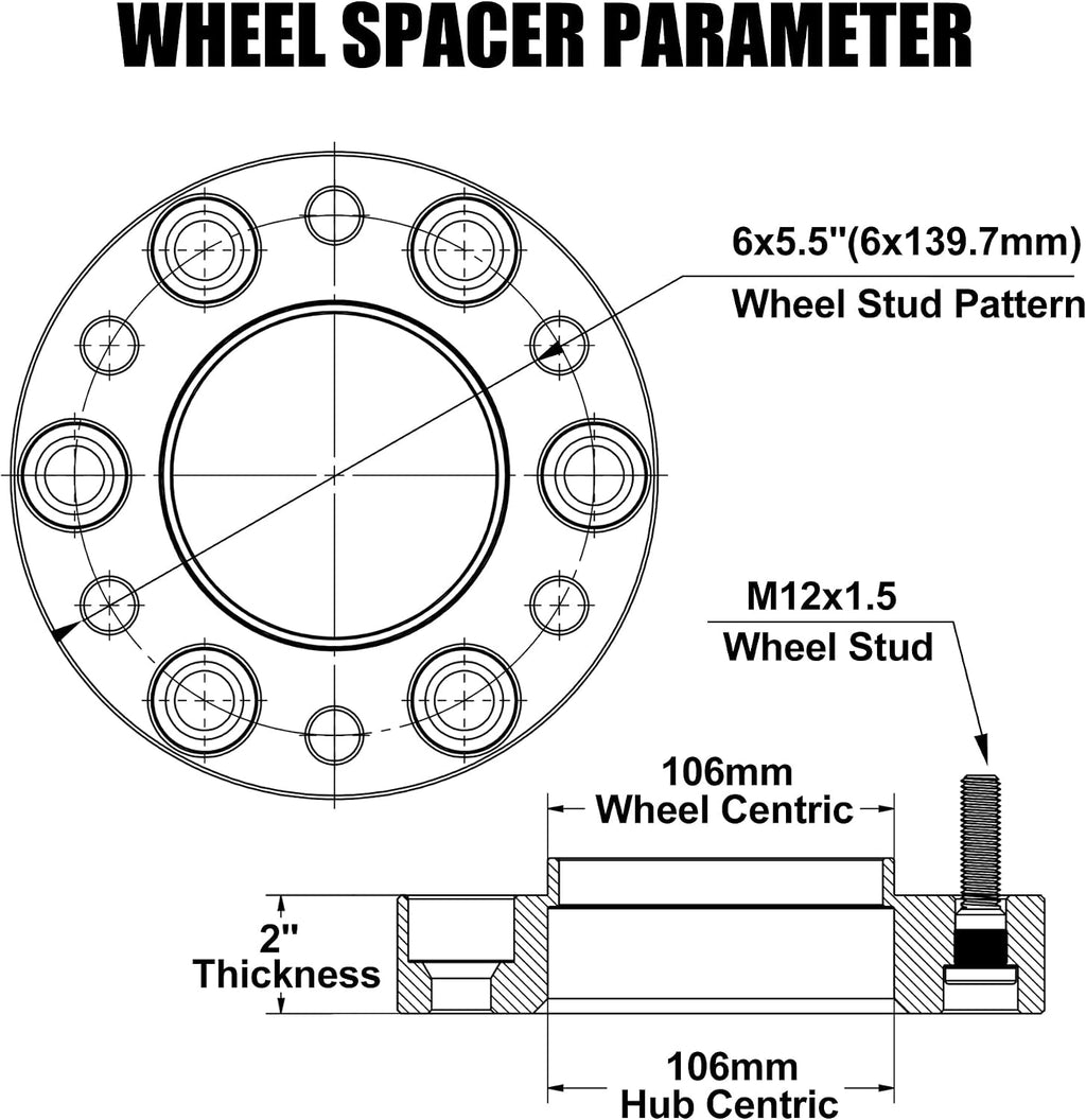FLYCLE 6x5.5 Hubcentric Wheel Spacers 2 inch for 1995-2023 Tacoma 1989-2024 4Runner, 6x139.7mm Wheel Spacer with 12x1.5 Studs 106mm Bore for Tundra FJ Cruiser Fortuner Sequoia GX460 GX470
