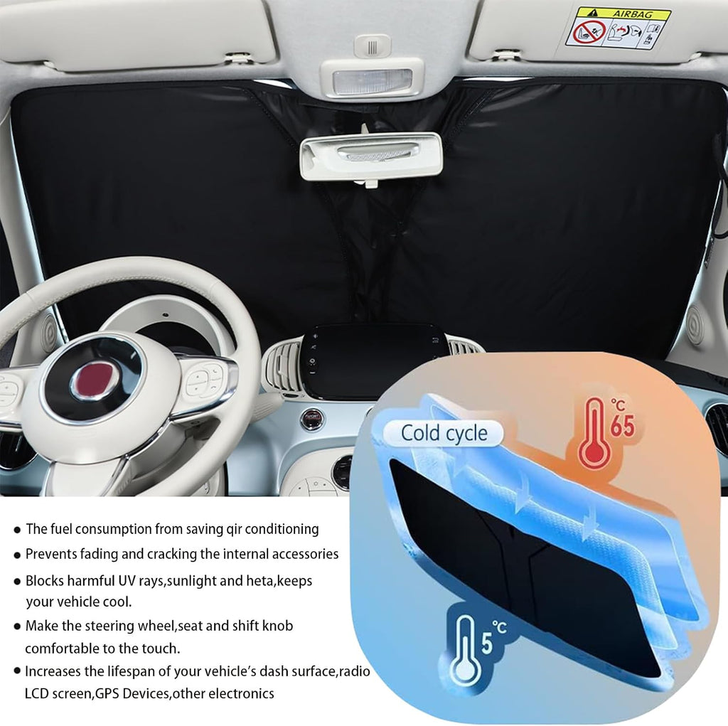 The Original Windshield Sun Shade Compatible with Fiat 500 2010-2025+ Abarth 595 2014-2024 Car Windshield Reflective Sunshade Protector Sun Shade Accessories (Silver)
