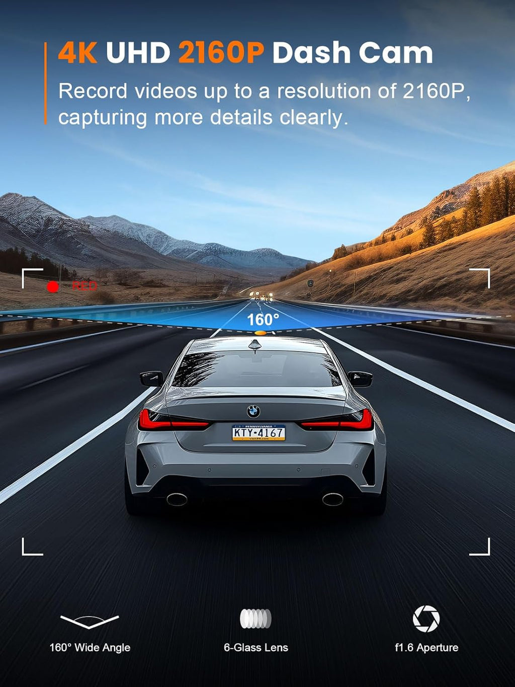galphi 4k dash cam front, 5ghz wifi, 32gb, close-up detail