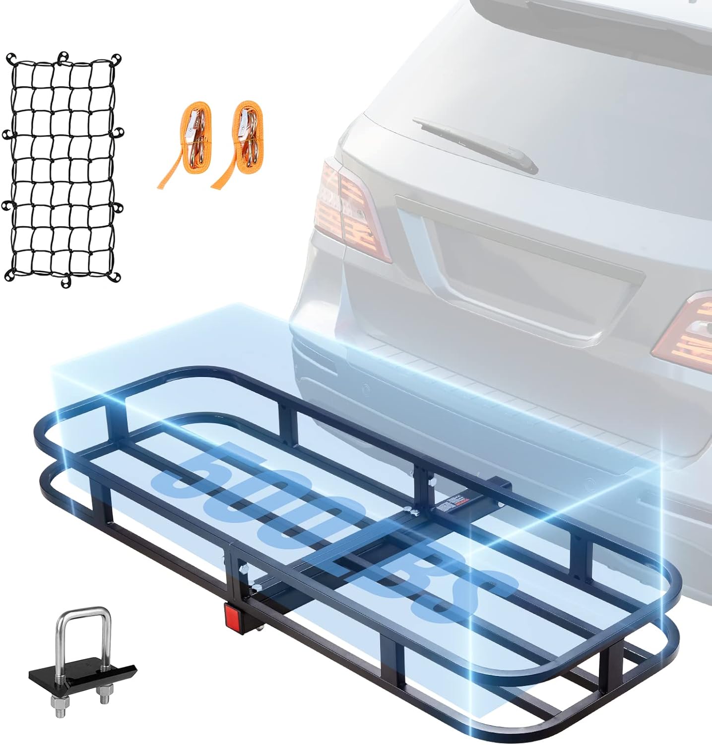 VEVOR 53 x 19 x 5 in Hitch Cargo Carrier, 500lb Capacity Trailer Mount Basket, Steel Luggage Carrier Rack Fits 2'' Receiver for SUV Truck Pickup with Net, Stabilizer, Straps, Black