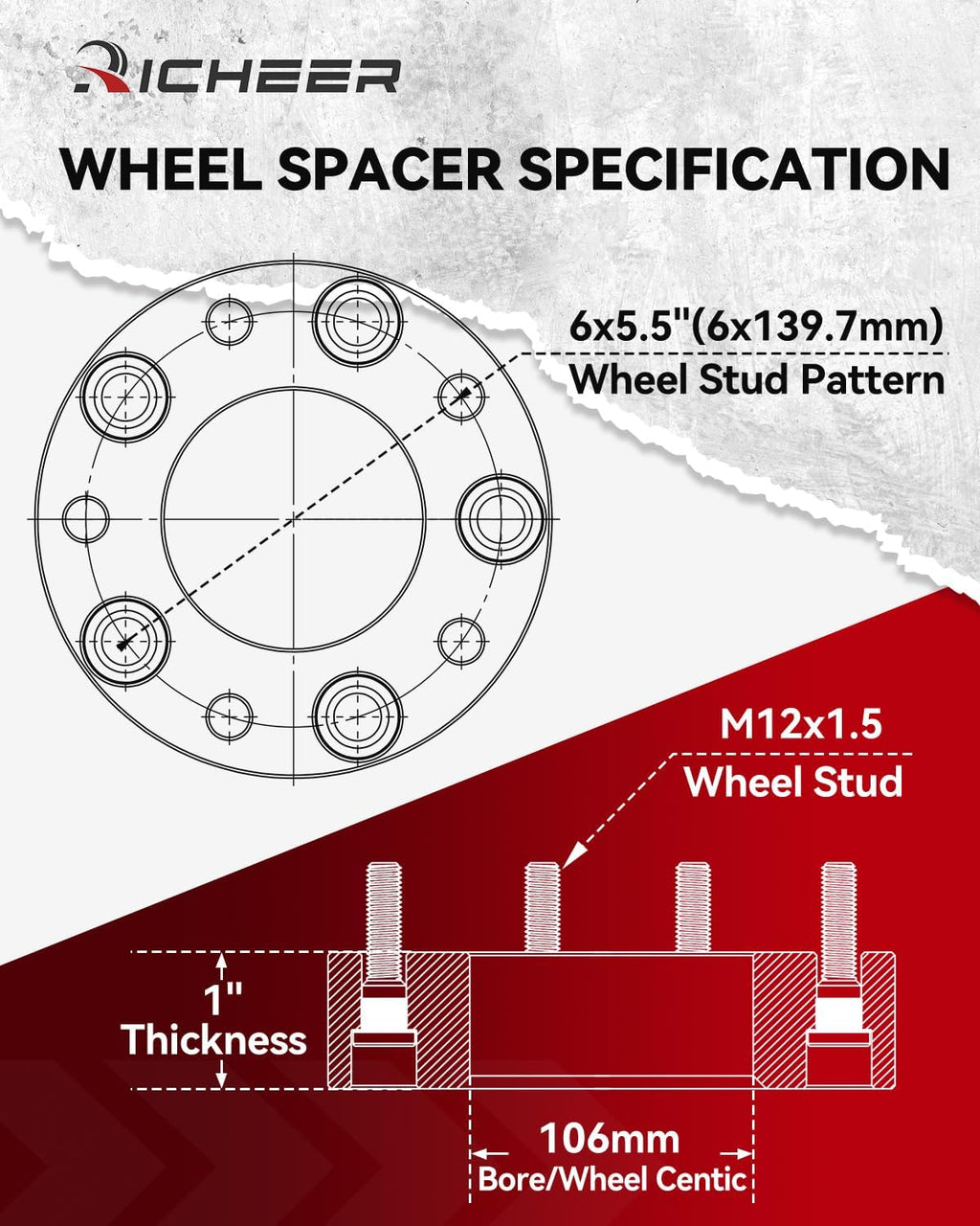Richeer 1 inch 6x5.5 Hub Centric Wheel Spacers with for Tacoma 4Runner Tundra Fortuner Ventury GX470 GX460, 4PCS Forged 6x139.7mm Wheel Spacers with 12x1.5 Studs & 106mm Center Bore