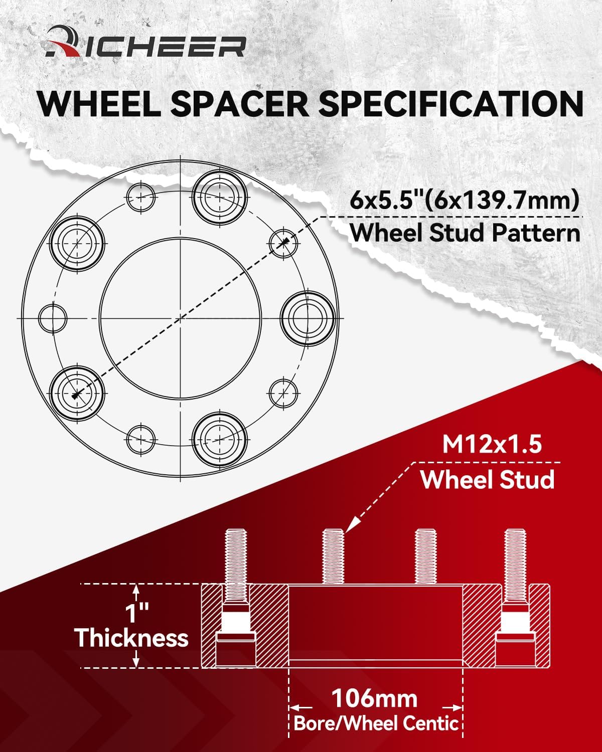 Richeer 1 inch 6x5.5 Hub Centric Wheel Spacers with for Tacoma 4Runner Tundra Fortuner Ventury GX470 GX460, 4PCS Forged 6x139.7mm Wheel Spacers with 12x1.5 Studs & 106mm Center Bore