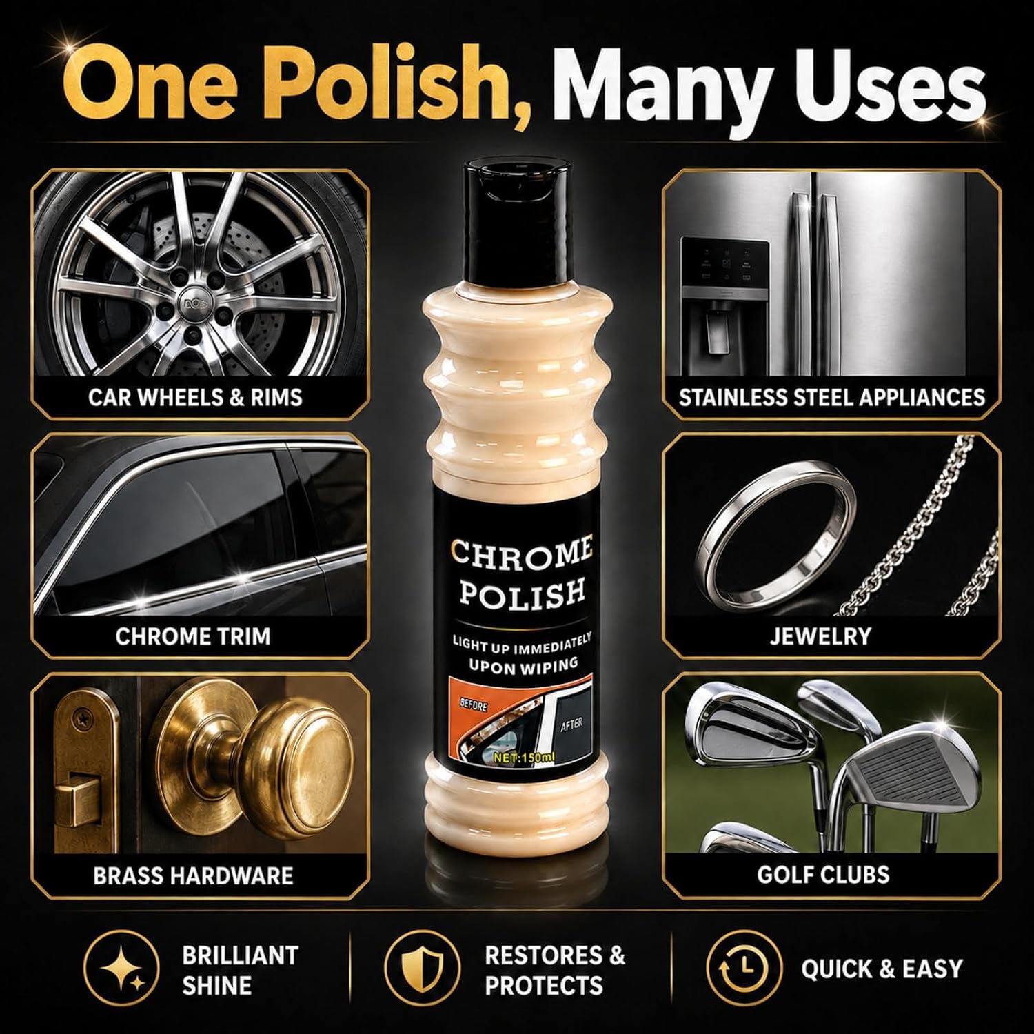 Metal Polish Paste with Brush, Chrome Cleaner and Rust Remover, 5.1 Fl Oz | Helps Remove Rust, Oxidation, Tarnish, Light Scratches, and Grime from Car Wheels, Rims, Golf Clubs, and Home Metal Surfaces